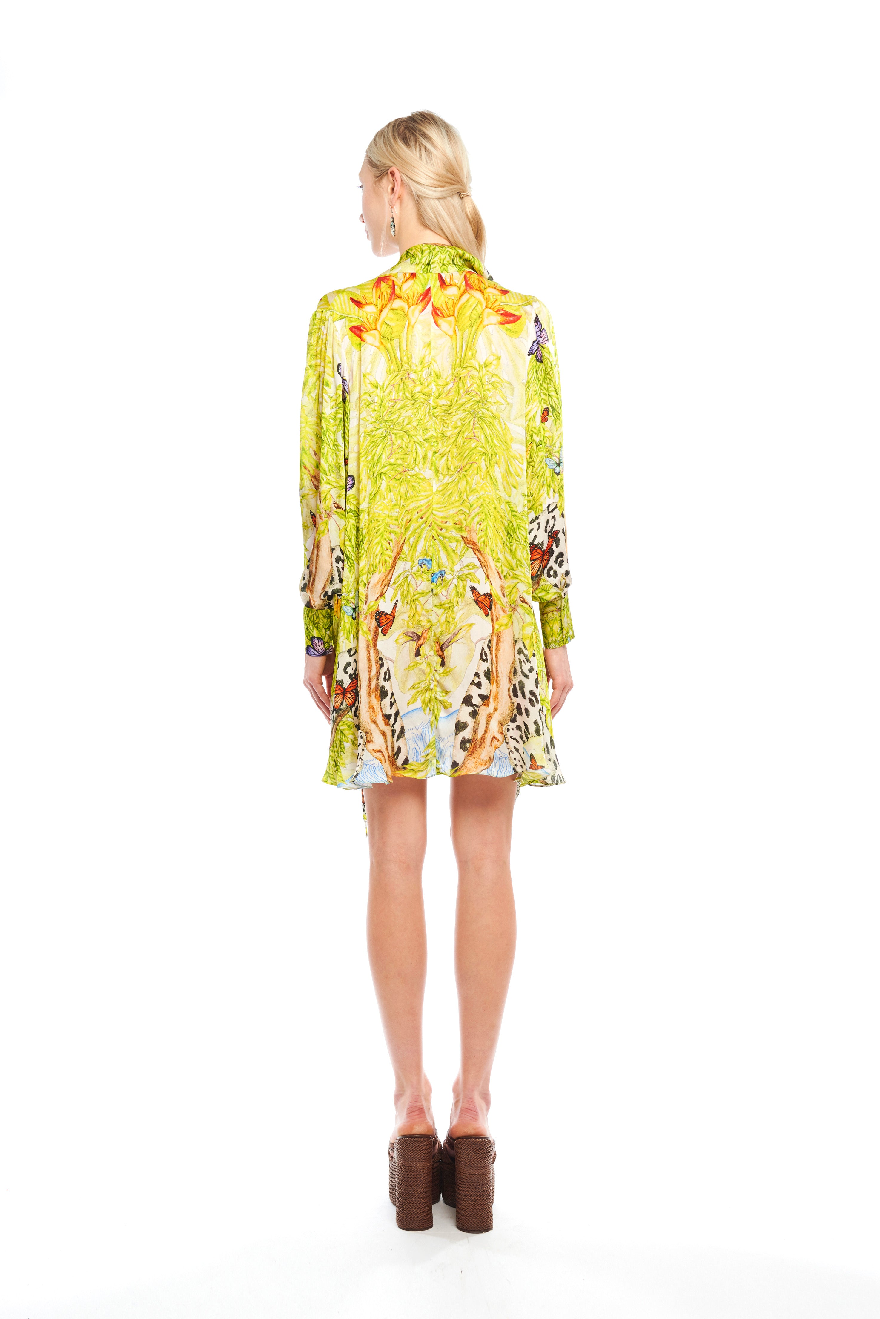 Bow neck long shirt in Jungle Pop print, Cherry satin