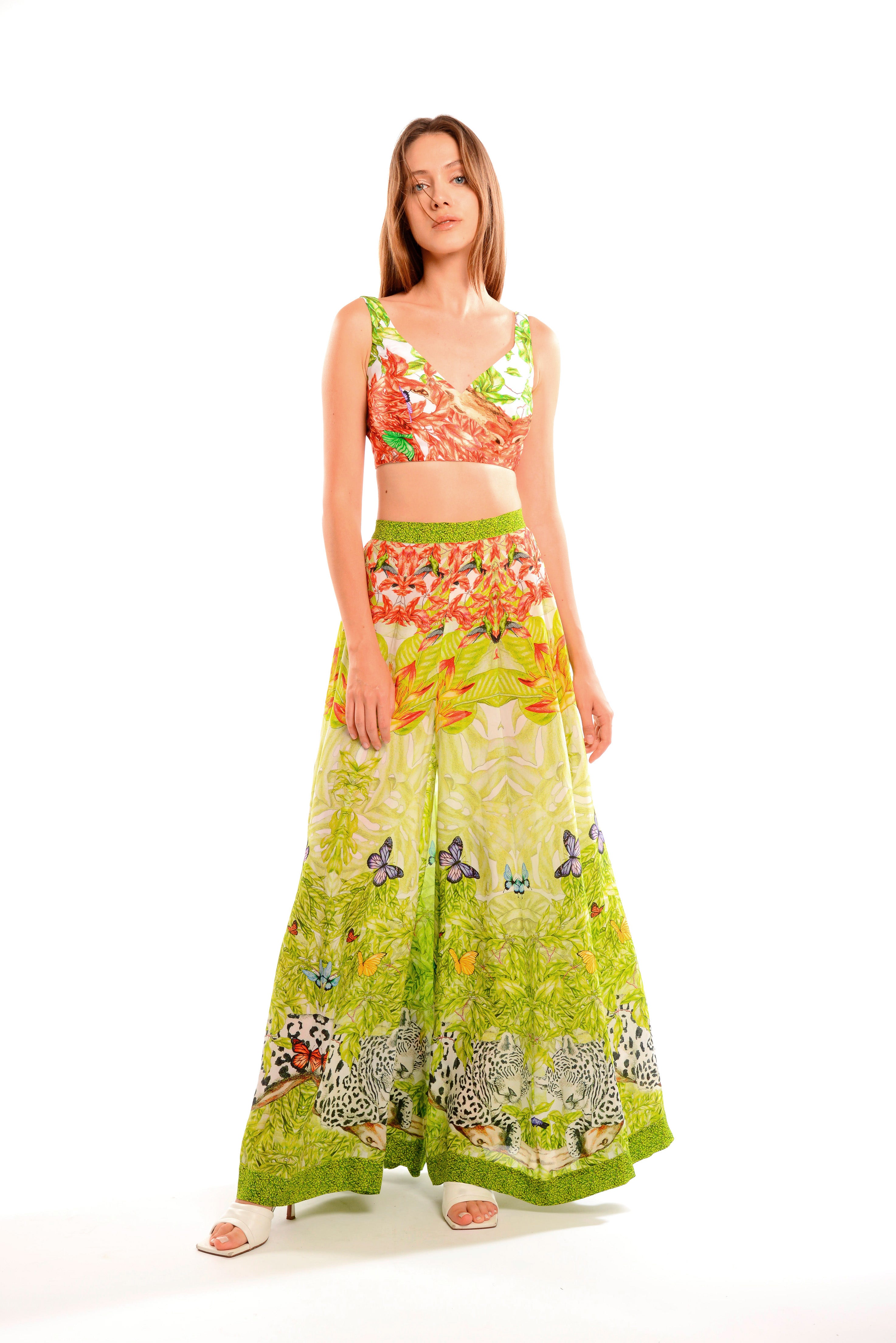 Multi cut pants in Jungle Day print, natural crepe