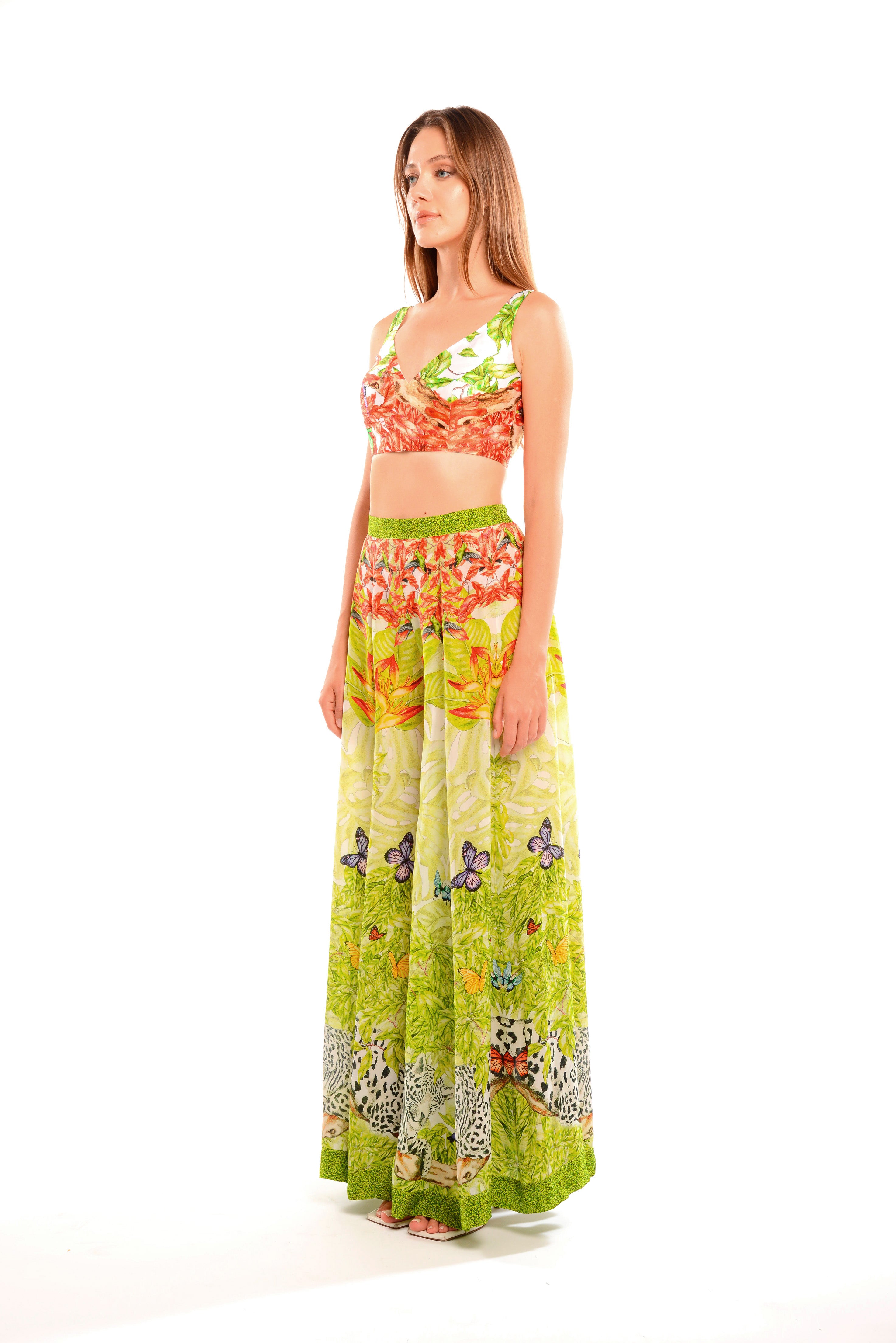 Multi cut pants in Jungle Day print, natural crepe