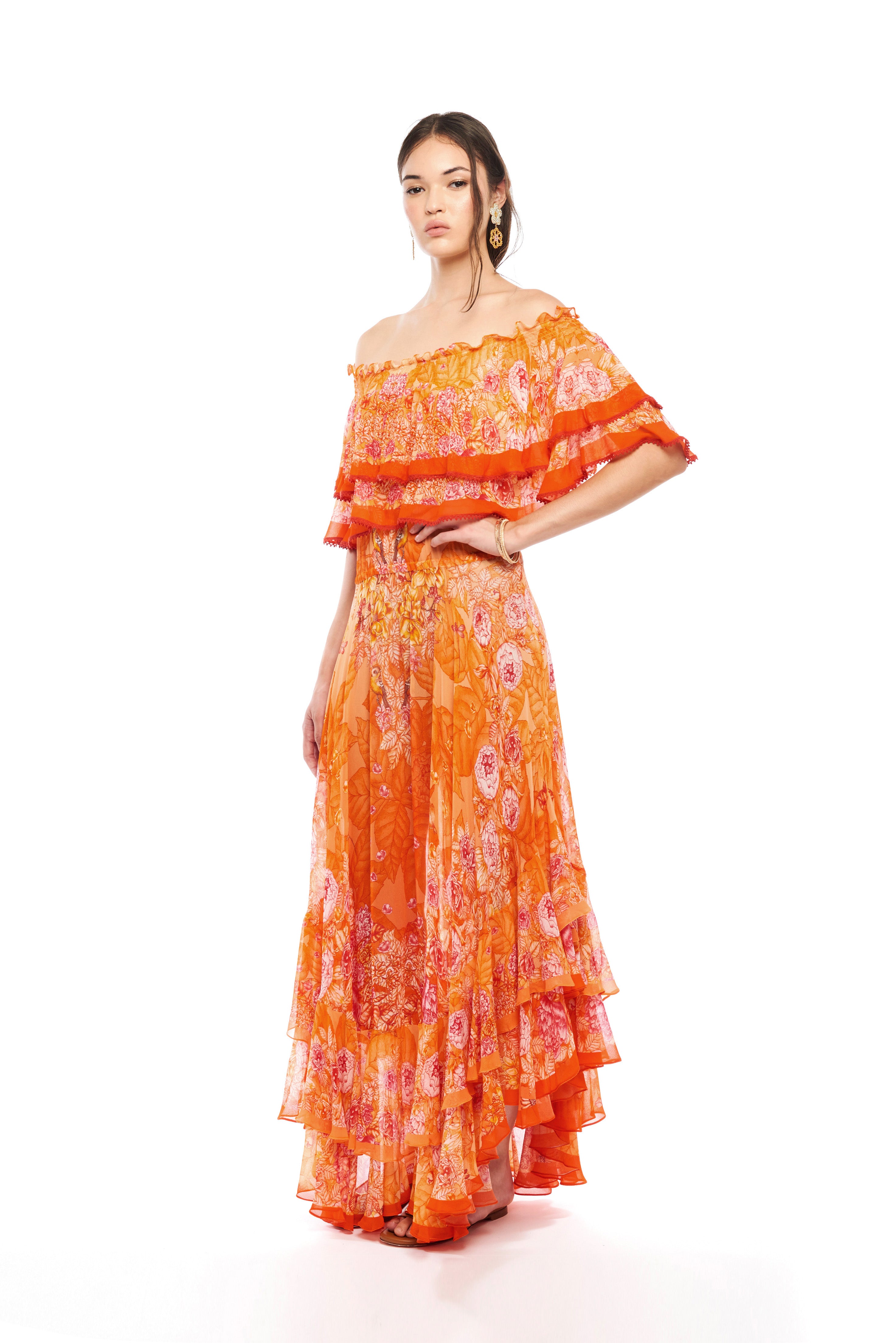 Ruffle dress in Jungle Sunset print, georgette viscose