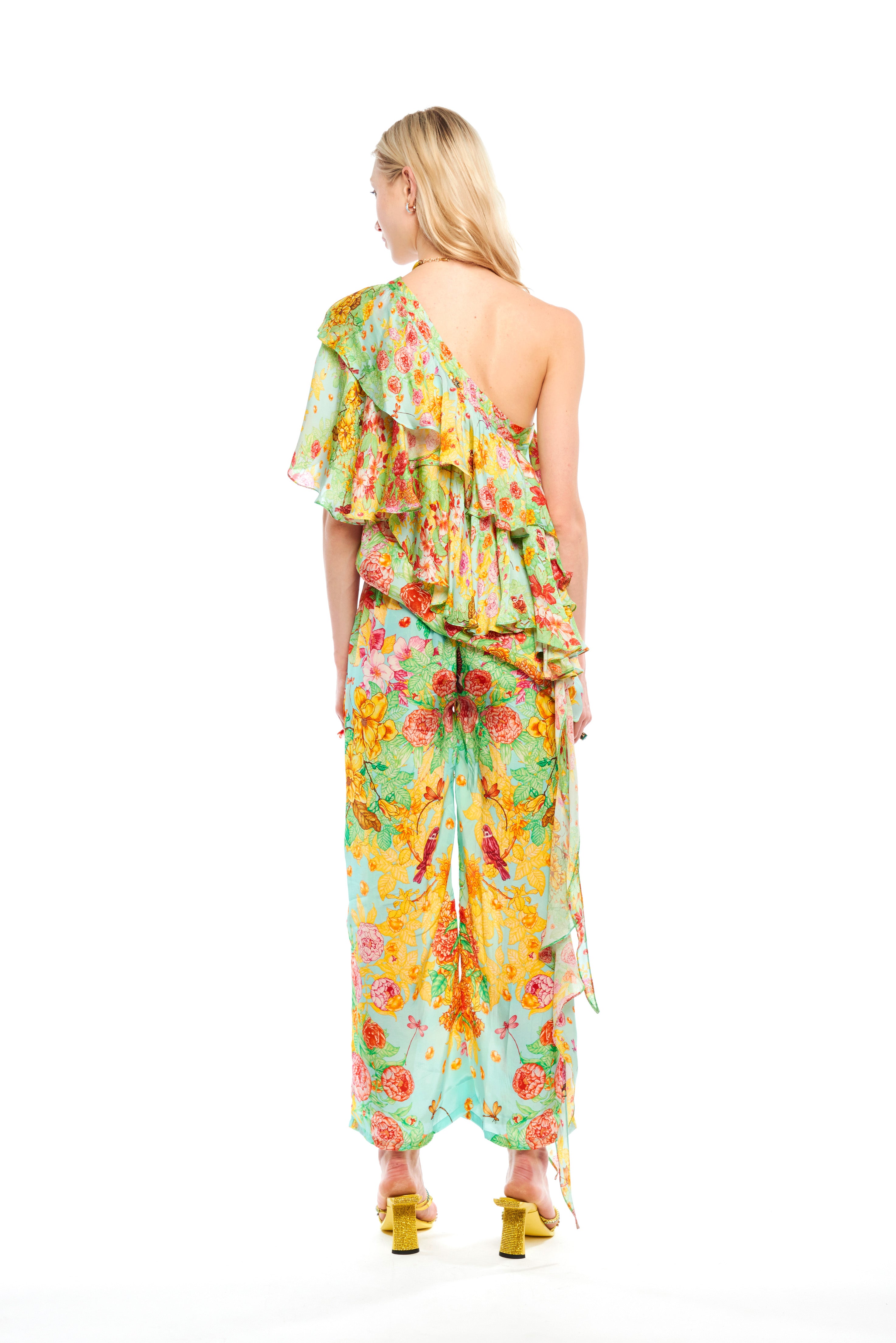 Asymmetrical ruffle top in Garden Green print, Cherry satin