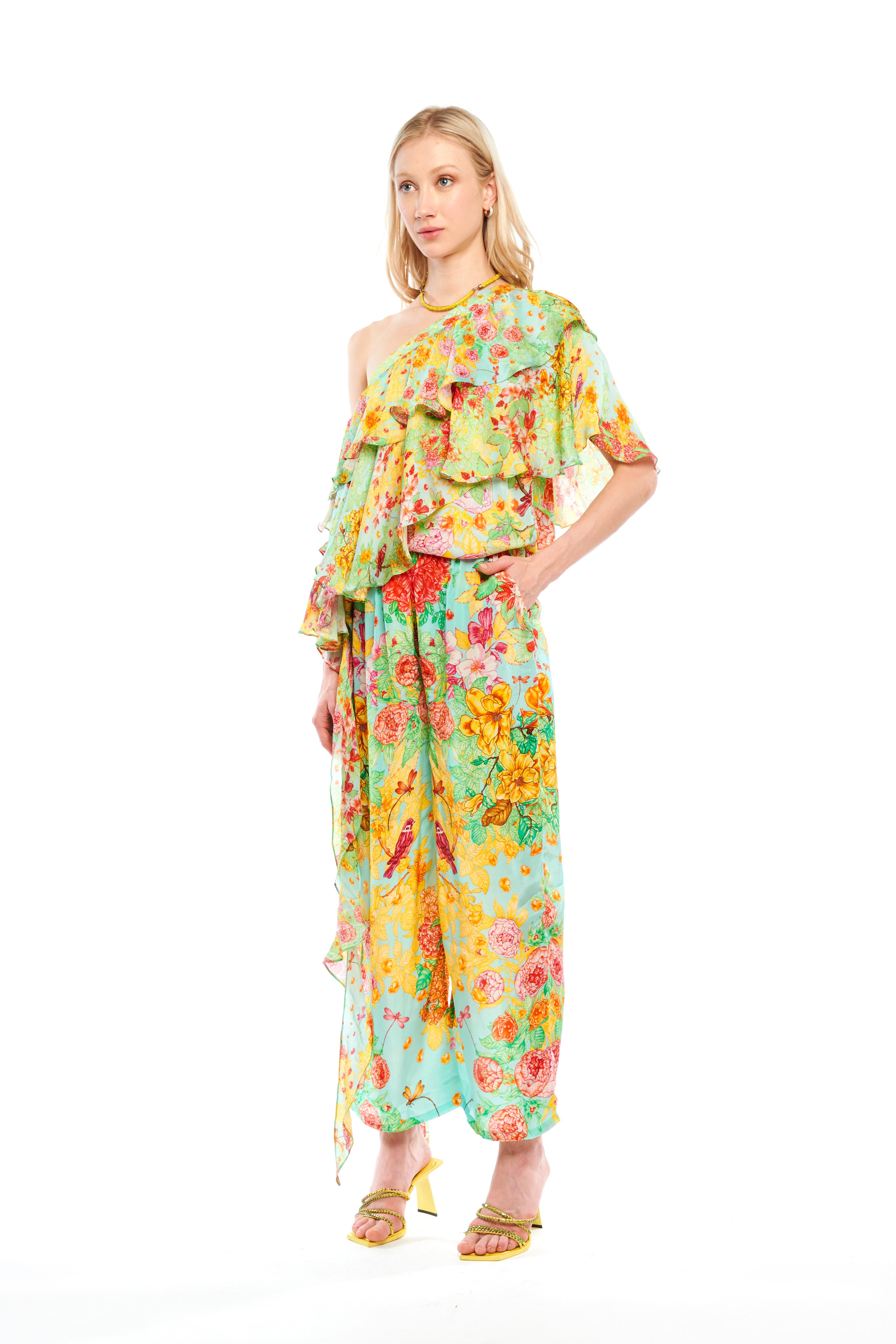 Asymmetrical ruffle top in Garden Green print, Cherry satin