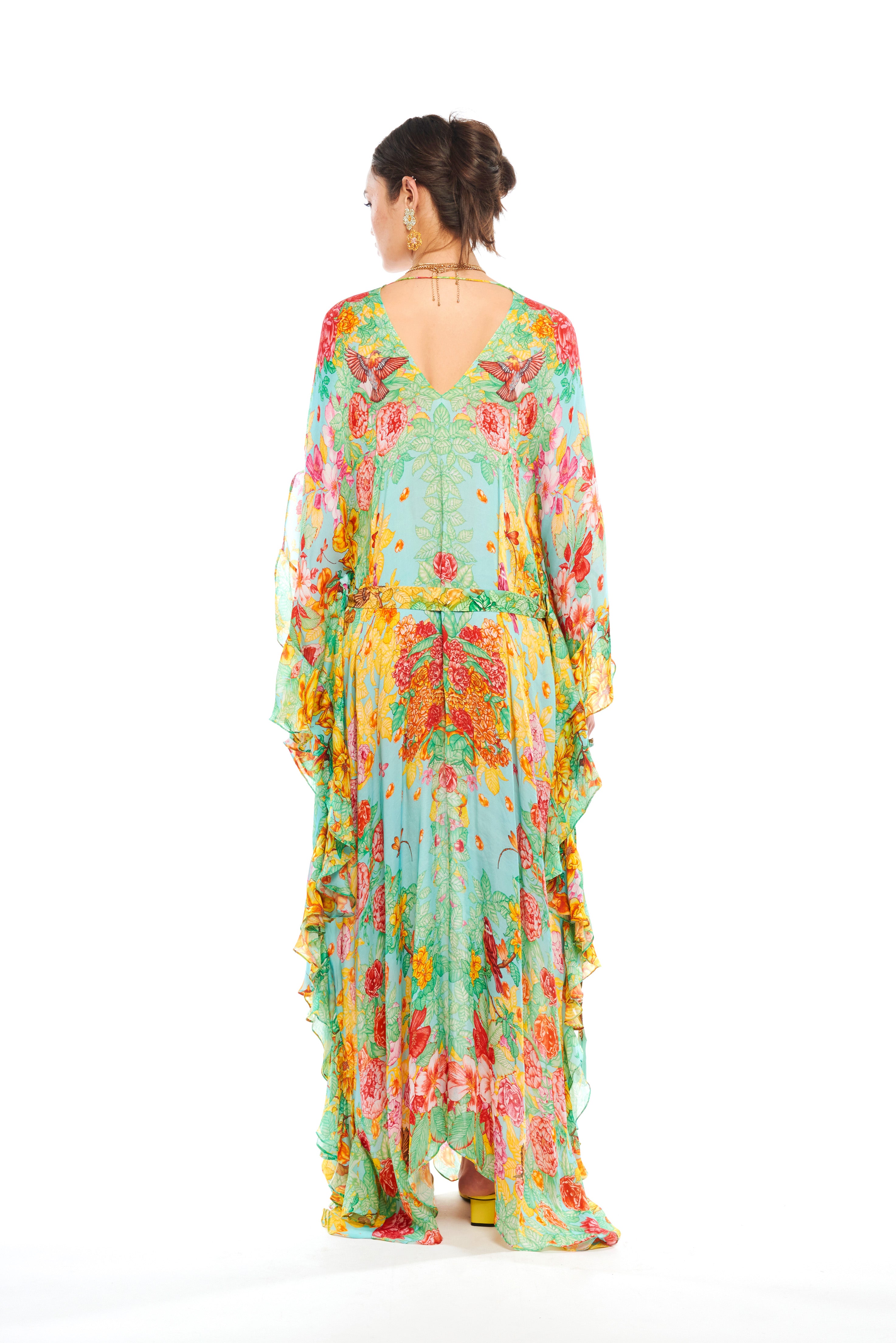 Side ruffles detail kaftan with belt in Garden Green print, georgette satin