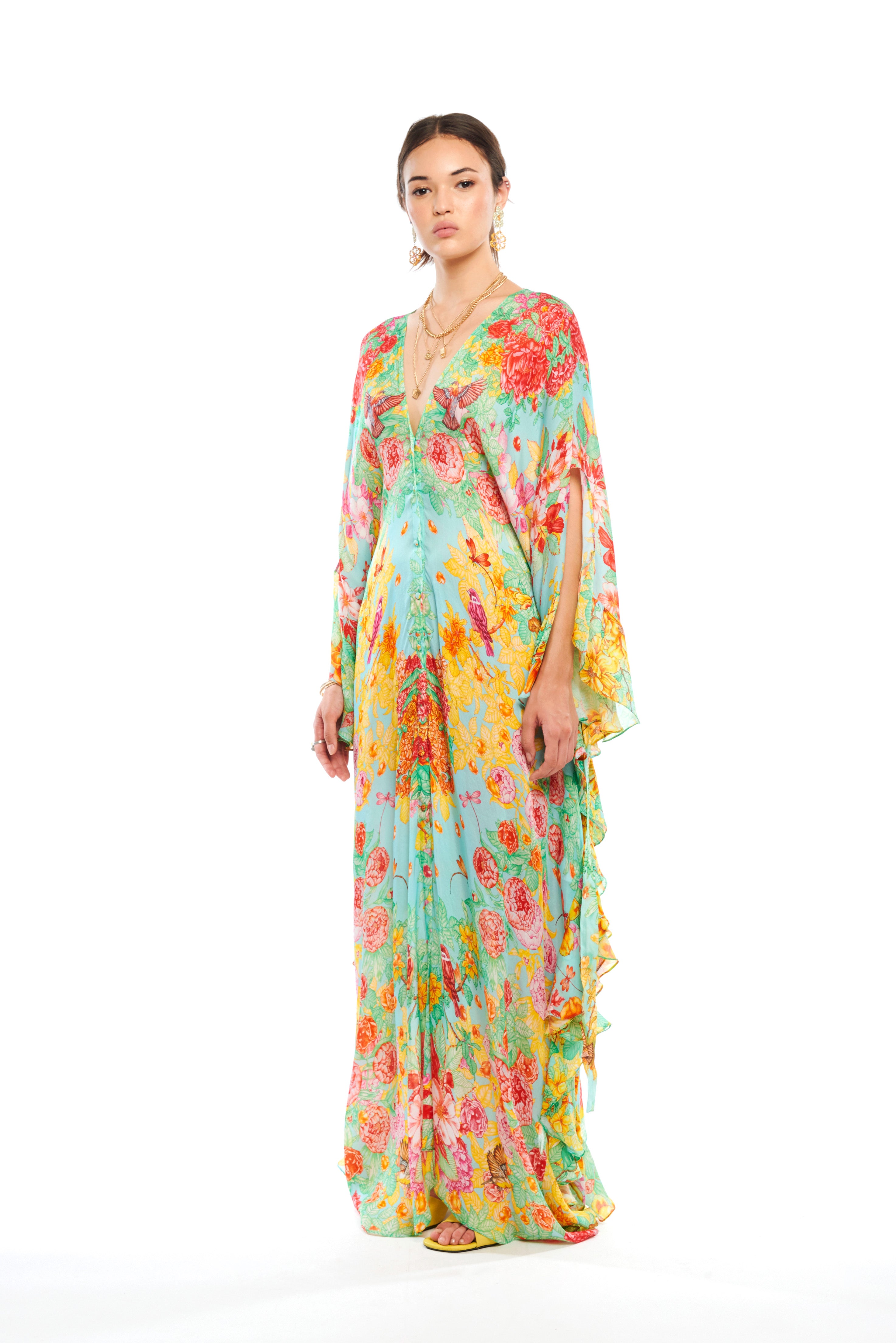 Side ruffles detail kaftan with belt in Garden Green print, georgette satin