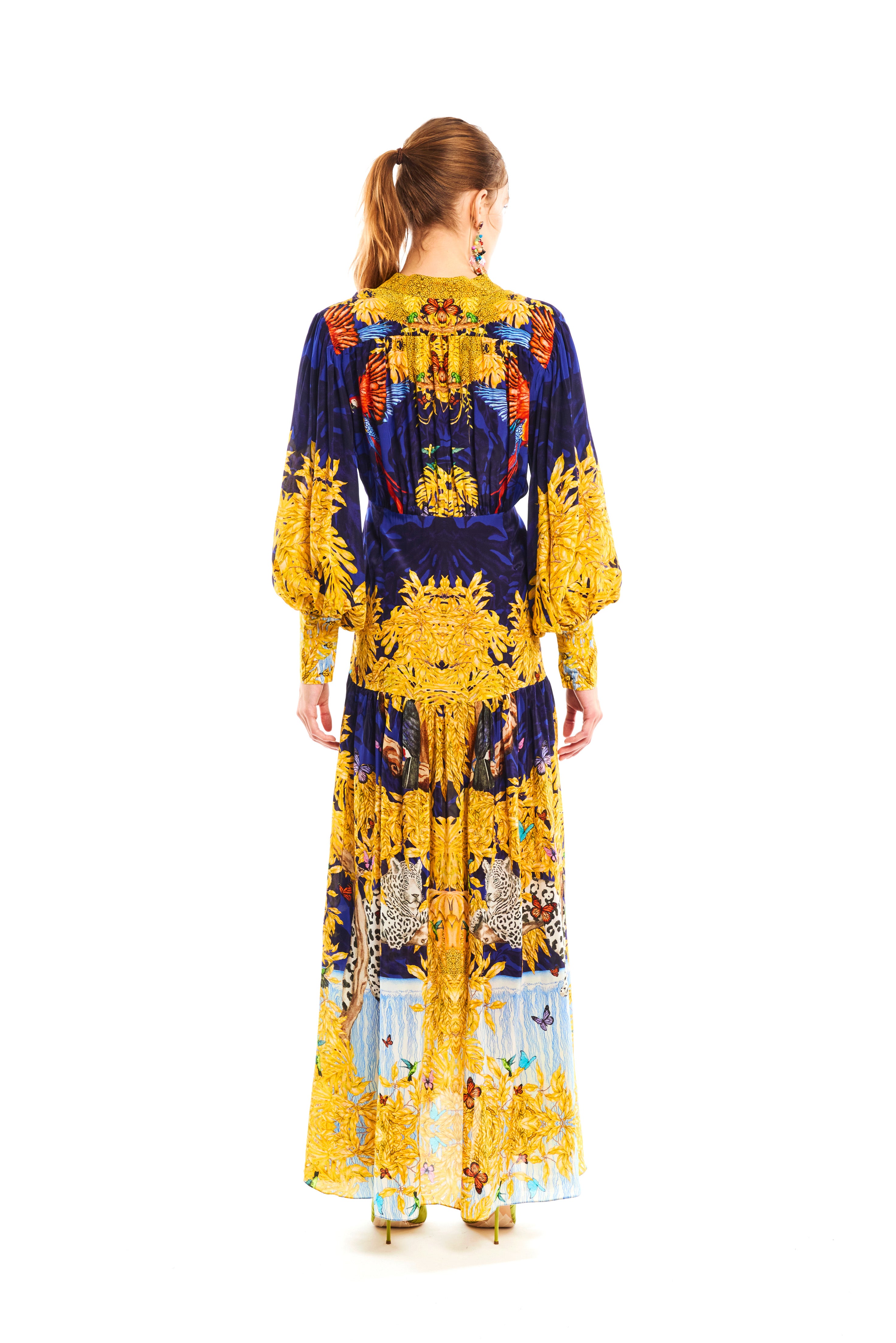 Rich puffy chemisier in Jungle Night print, natural crepe