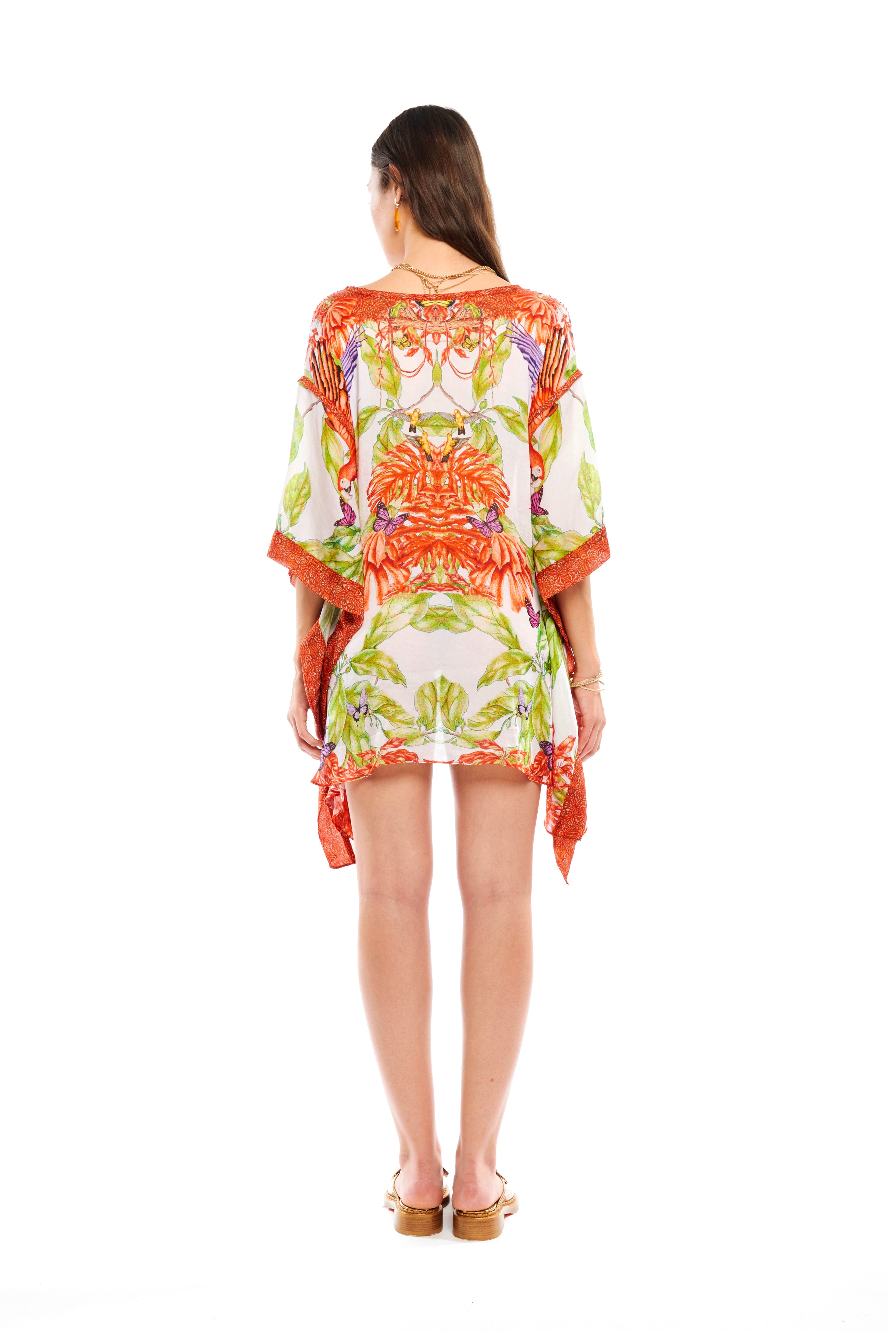 Yolka square kaftan in Jungle Sunset print, natural crepe