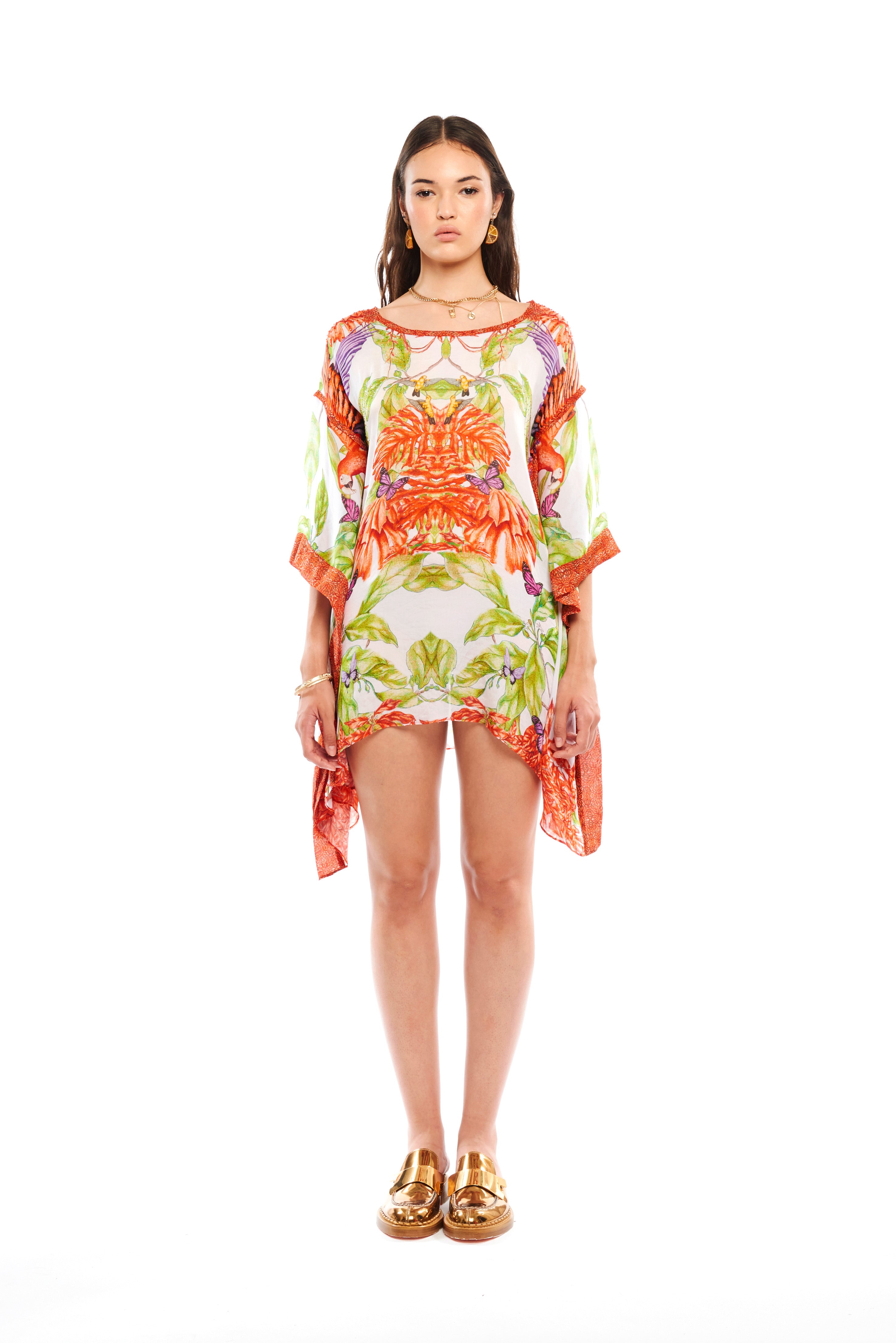 Yolka square kaftan in Jungle Sunset print, natural crepe