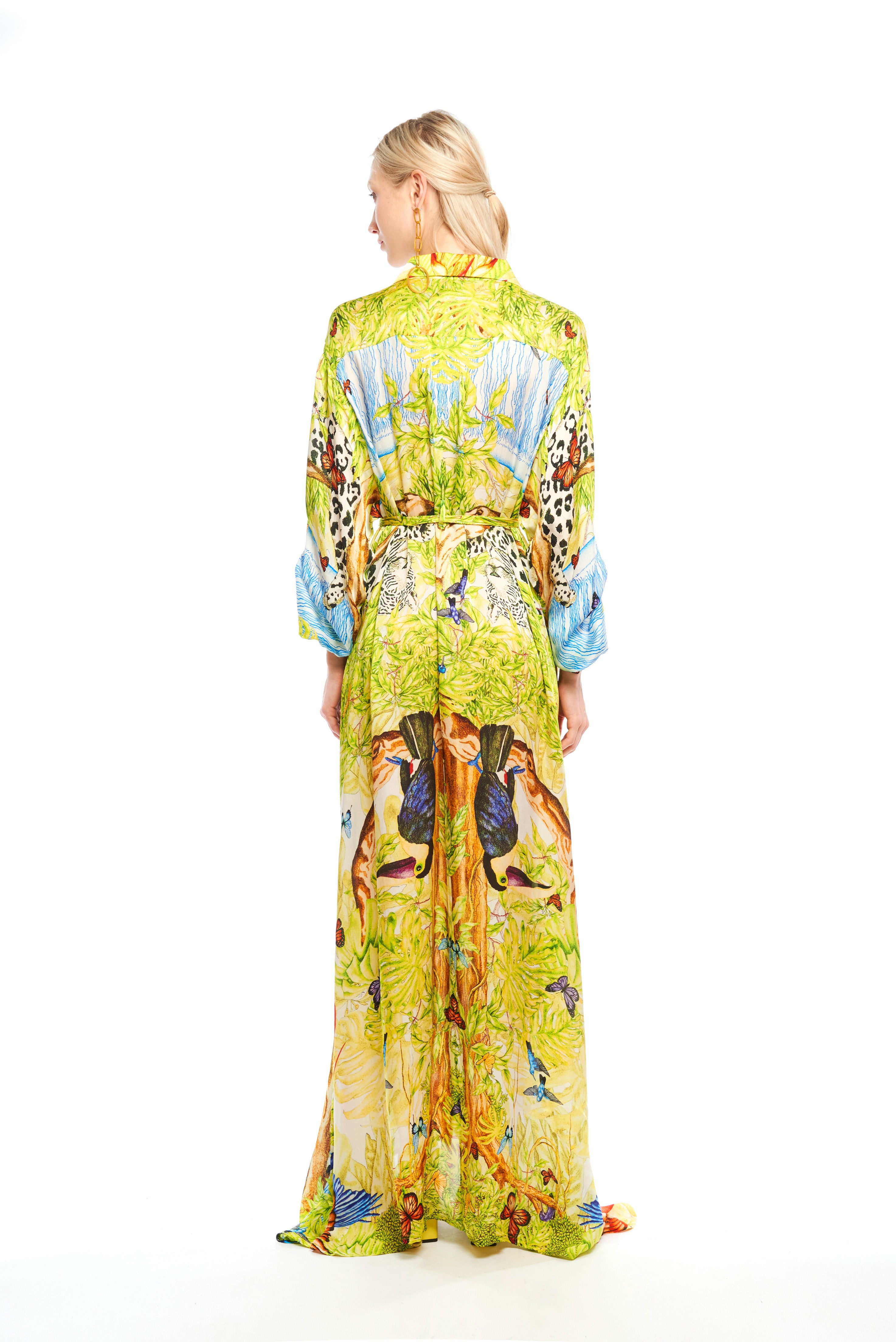 Long oversized chemisier in Jungle Night print, Cherry satin