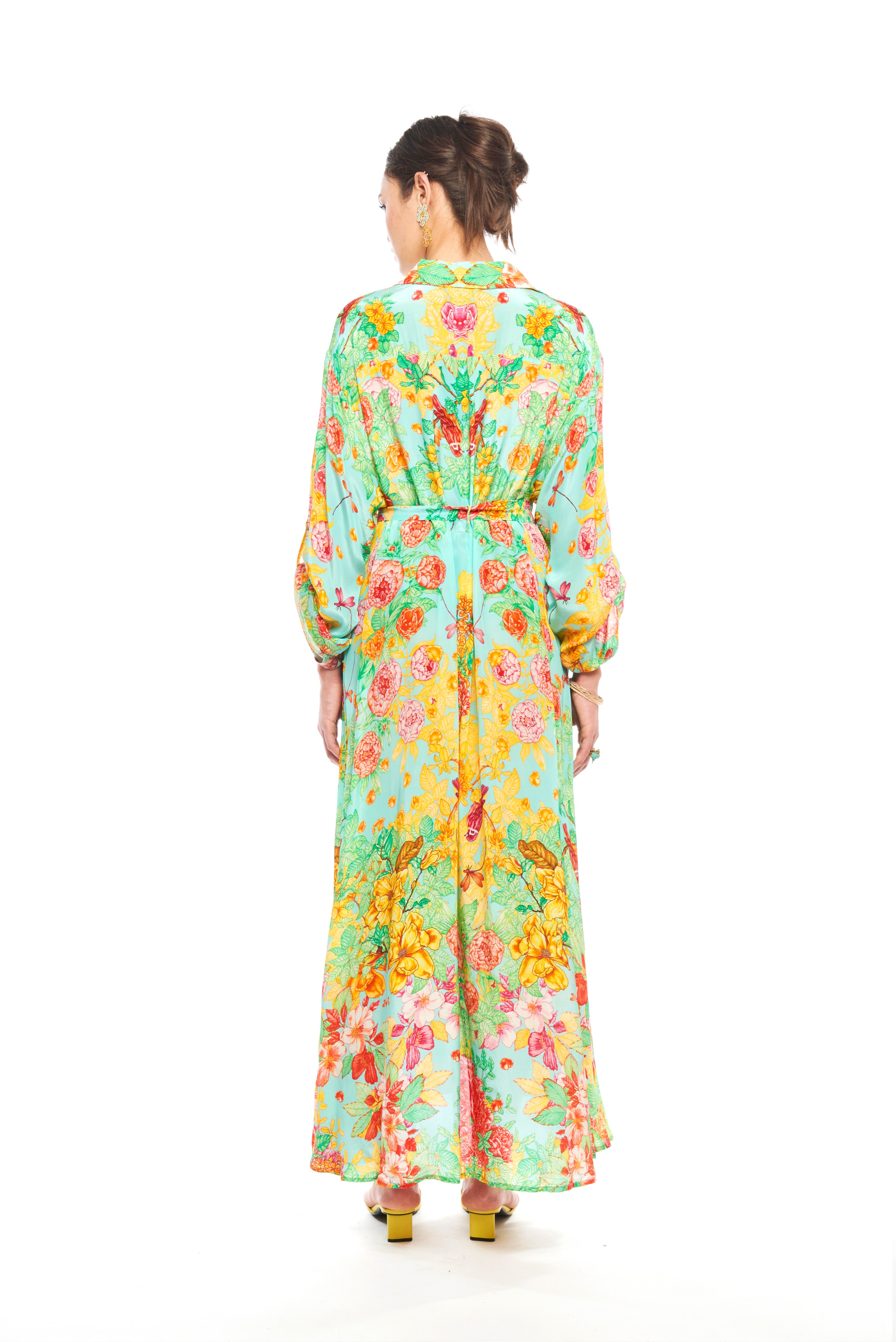 Long oversized chemisier in Garden Green print, natural crepe