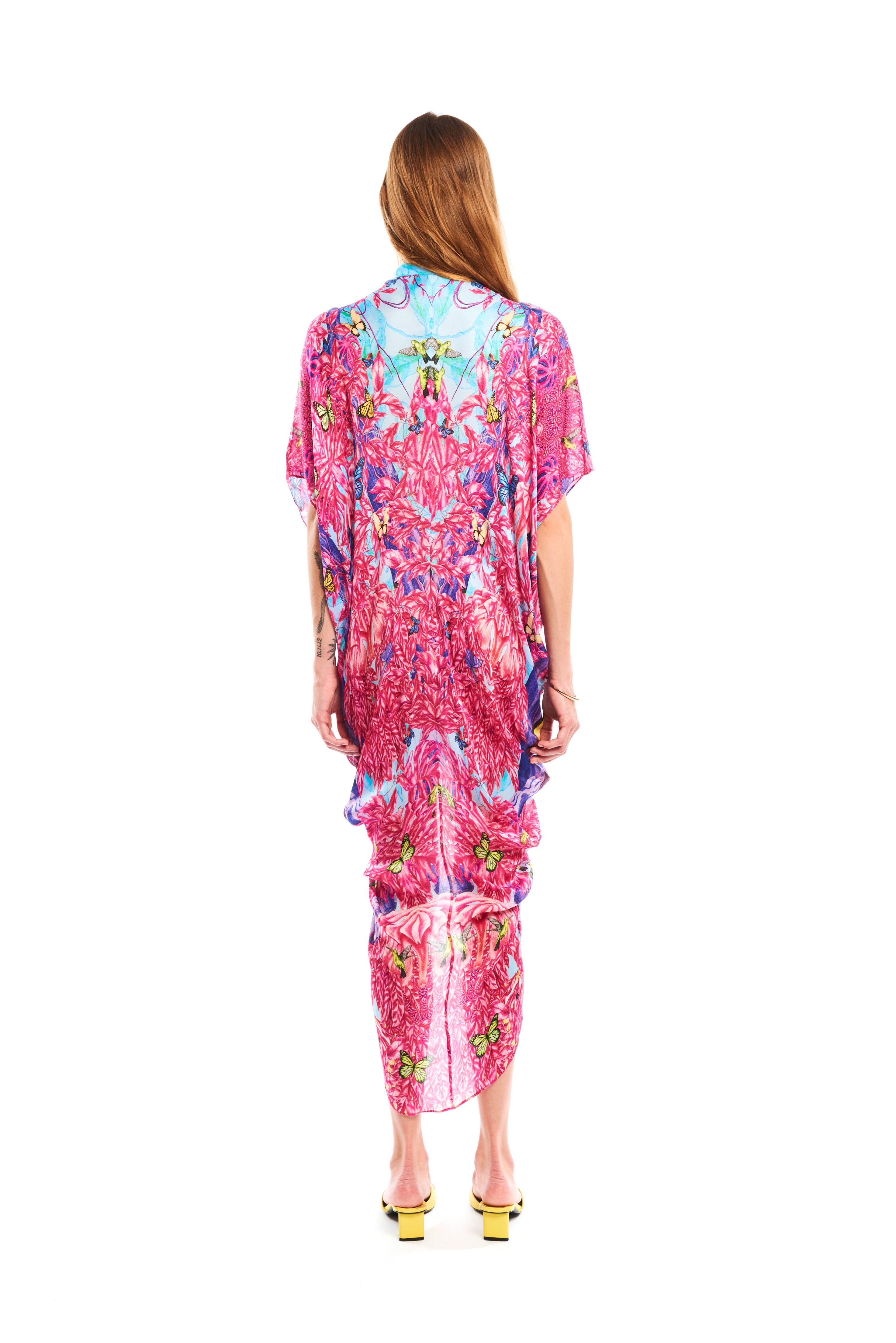 Front pleat cut kaftan in Jungle Pop print, georgette satin