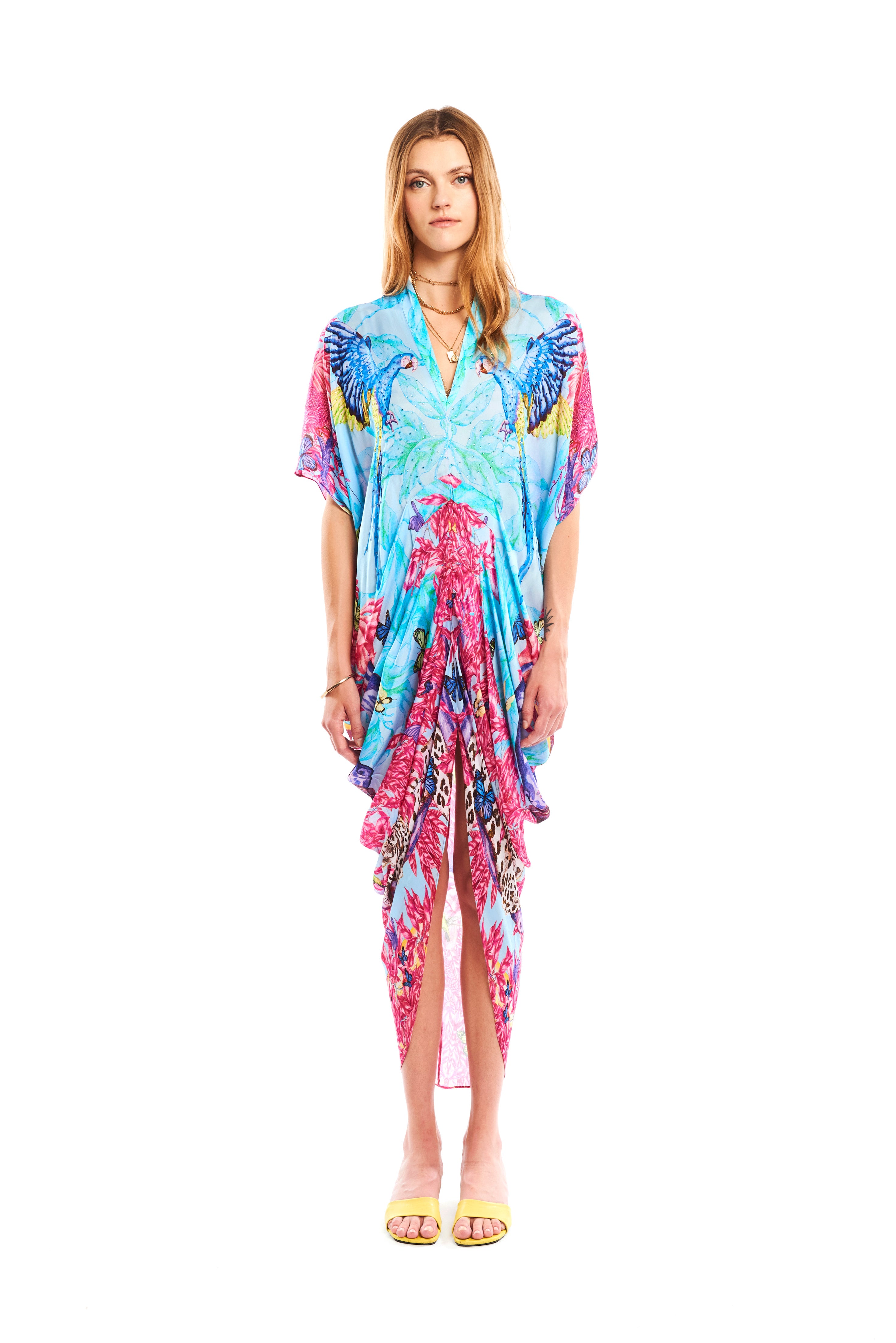 Front pleat cut kaftan in Jungle Pop print, georgette satin