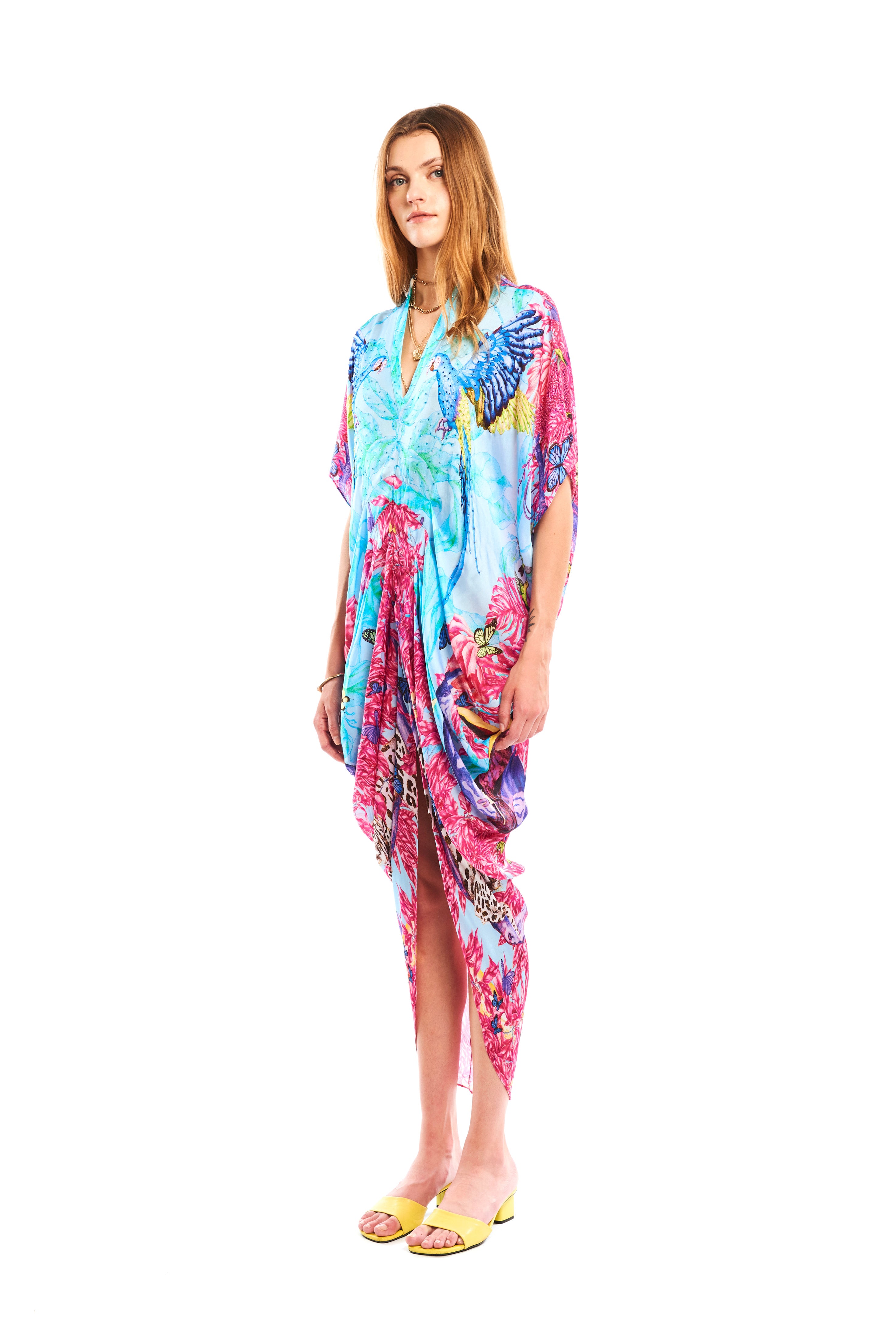 Front pleat cut kaftan in Jungle Pop print, georgette satin