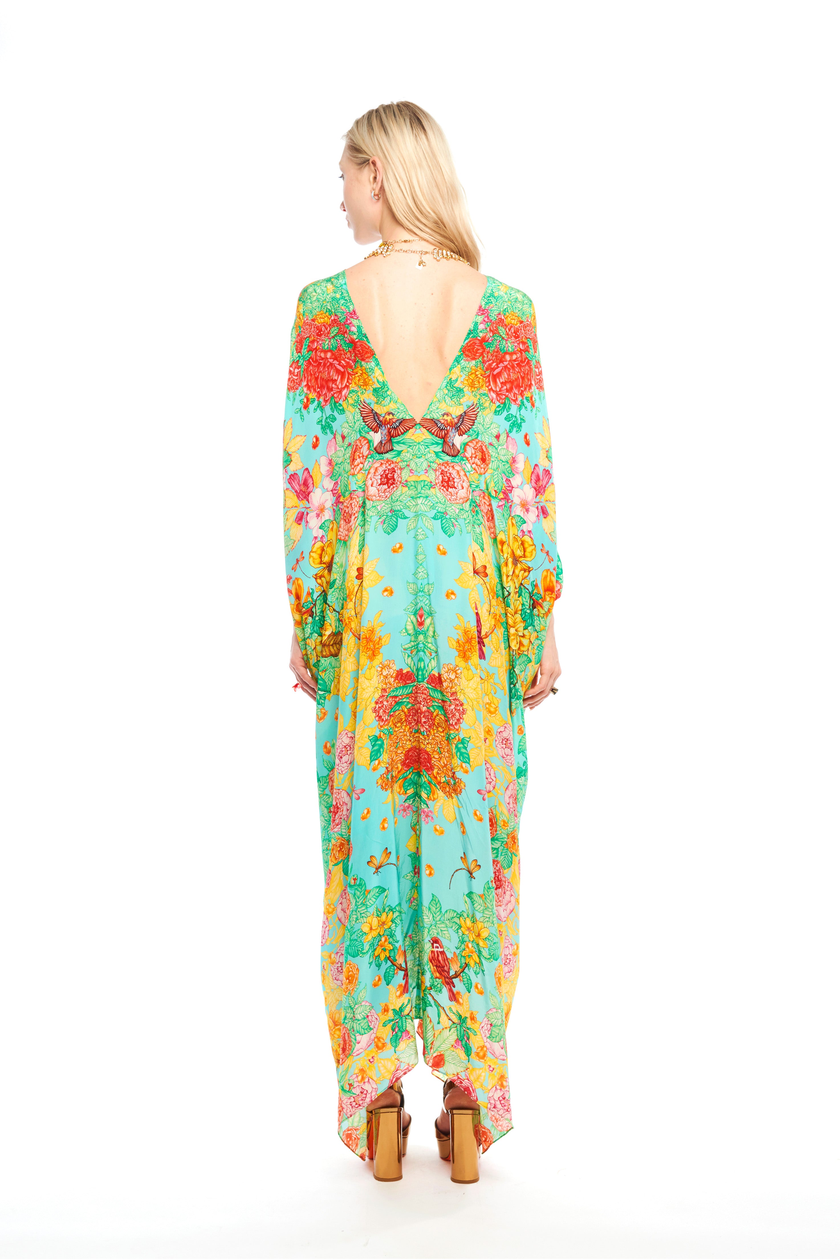 Front pleat cut kaftan in Garden Green print, natural crepe