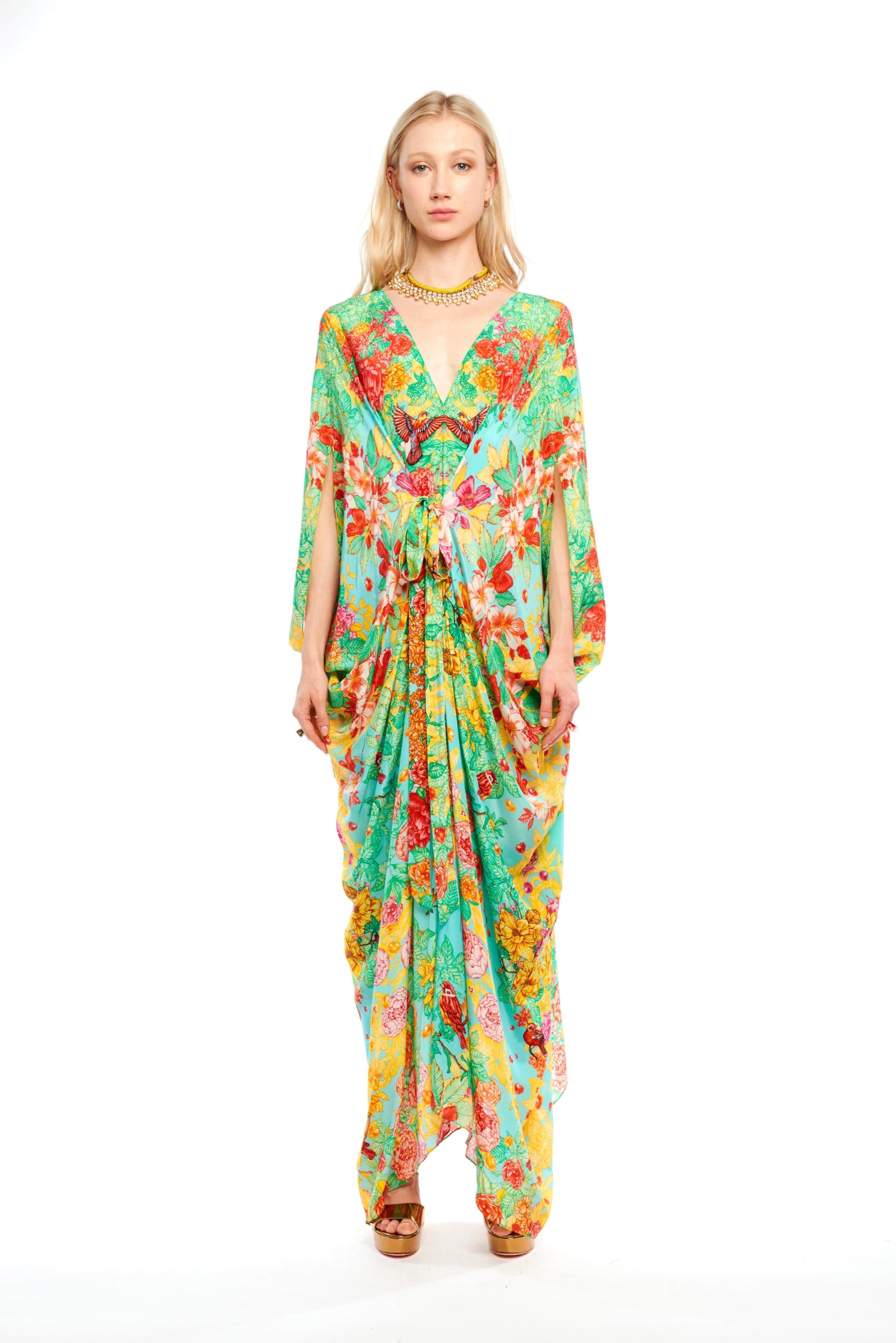 Front pleat cut kaftan in Garden Green print, natural crepe