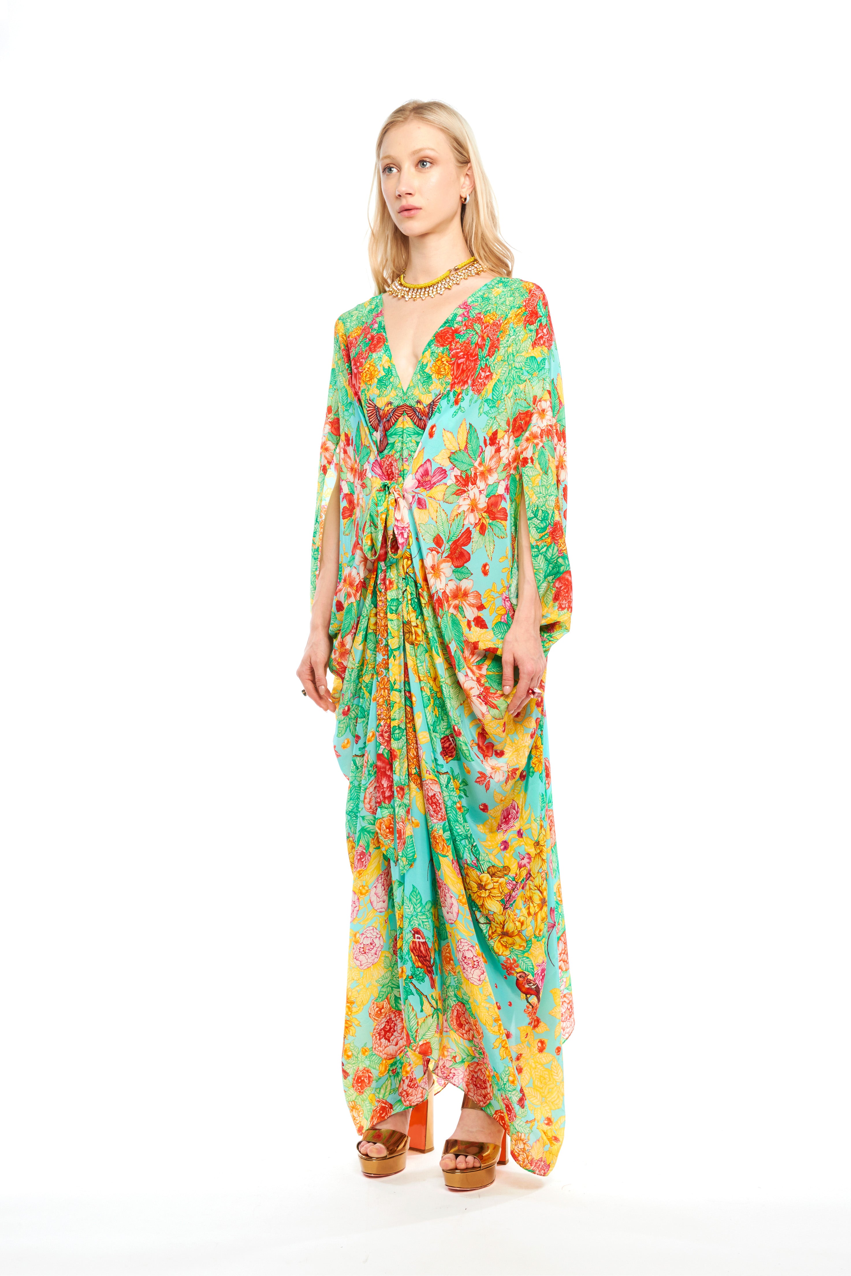 Front pleat cut kaftan in Garden Green print, natural crepe