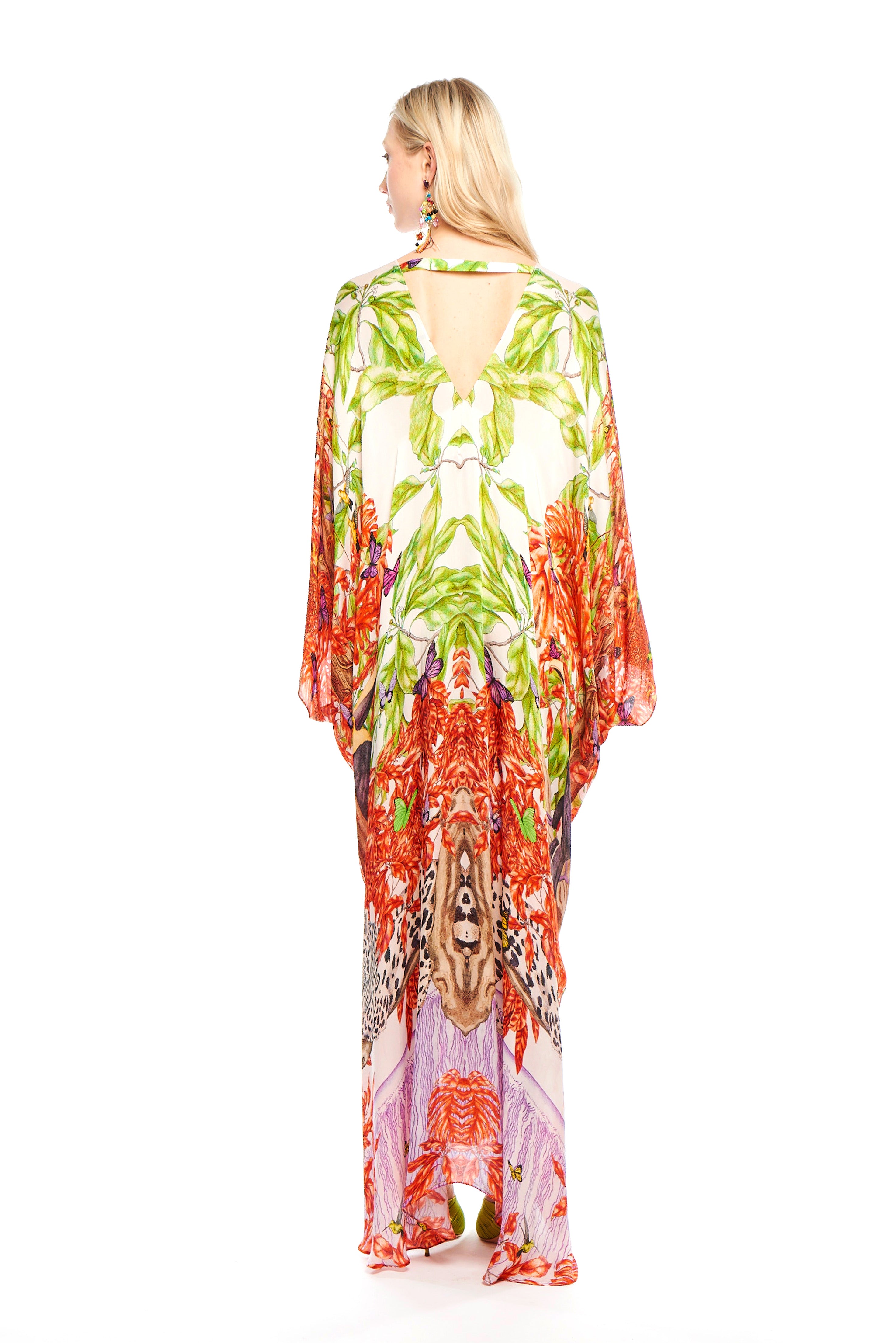 Ella gathered cover-up in Jungle Sunset print, Cherry satin