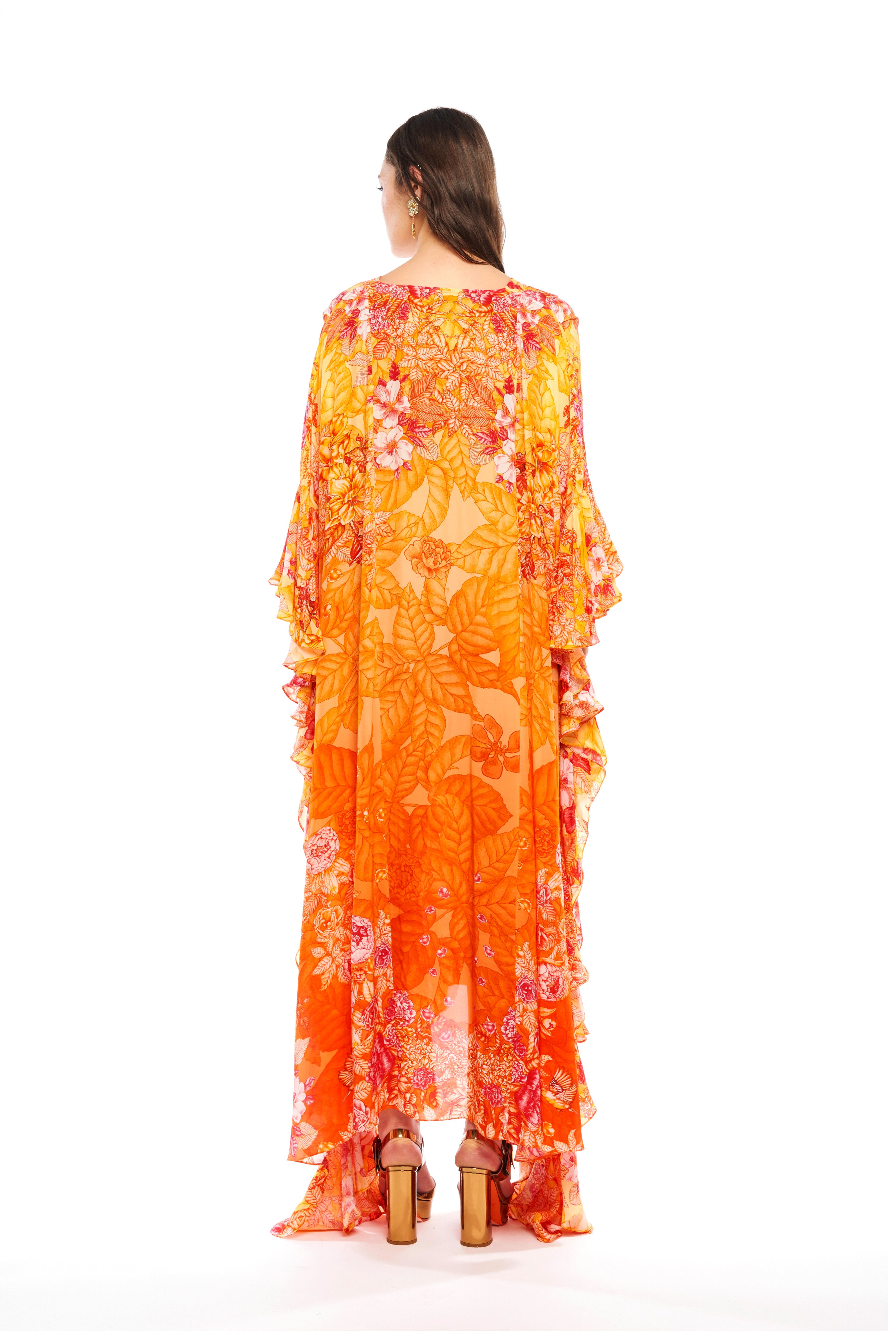 Long flounce kaftan in Garden Orange print, natural crepe