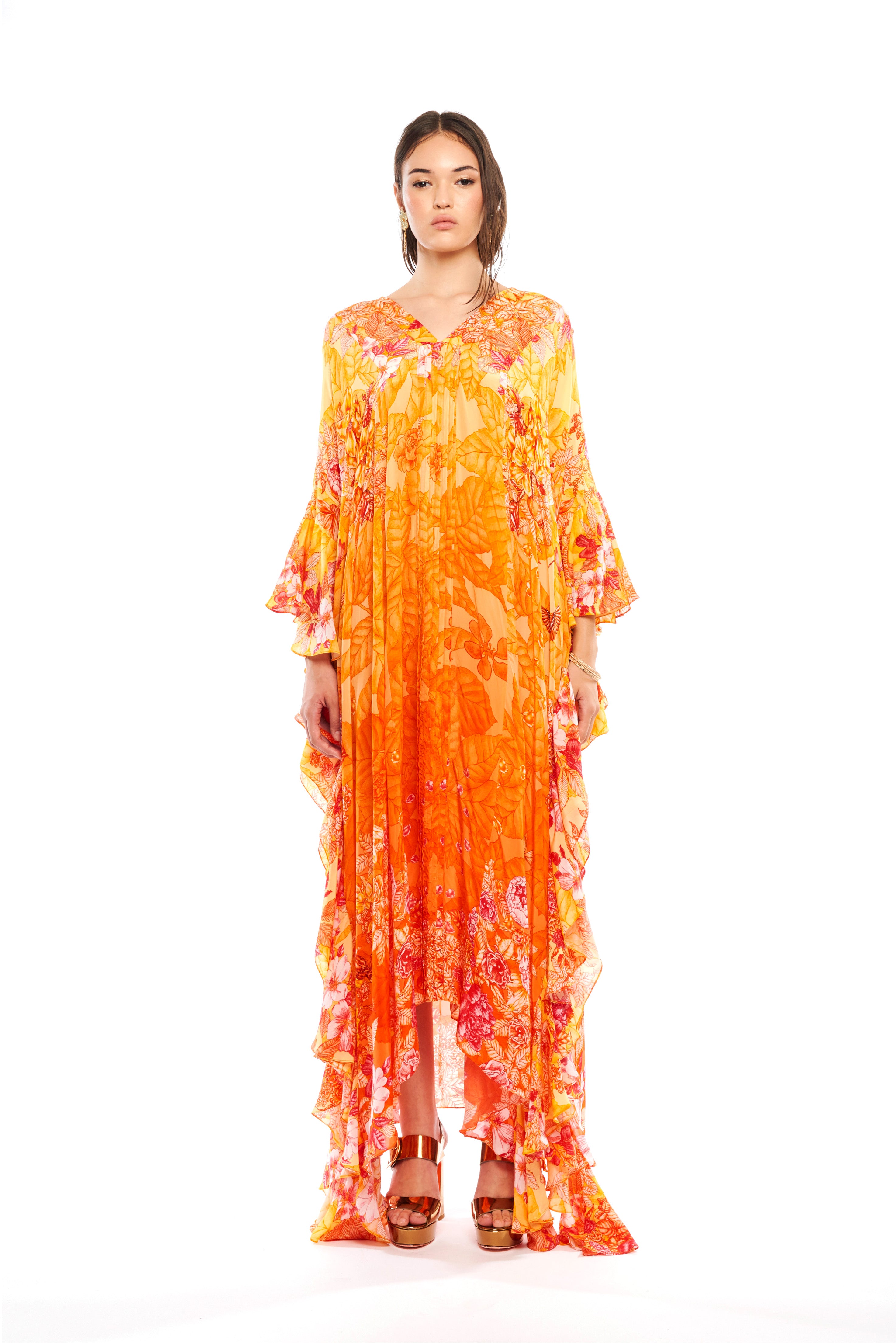 Long flounce kaftan in Garden Orange print, natural crepe