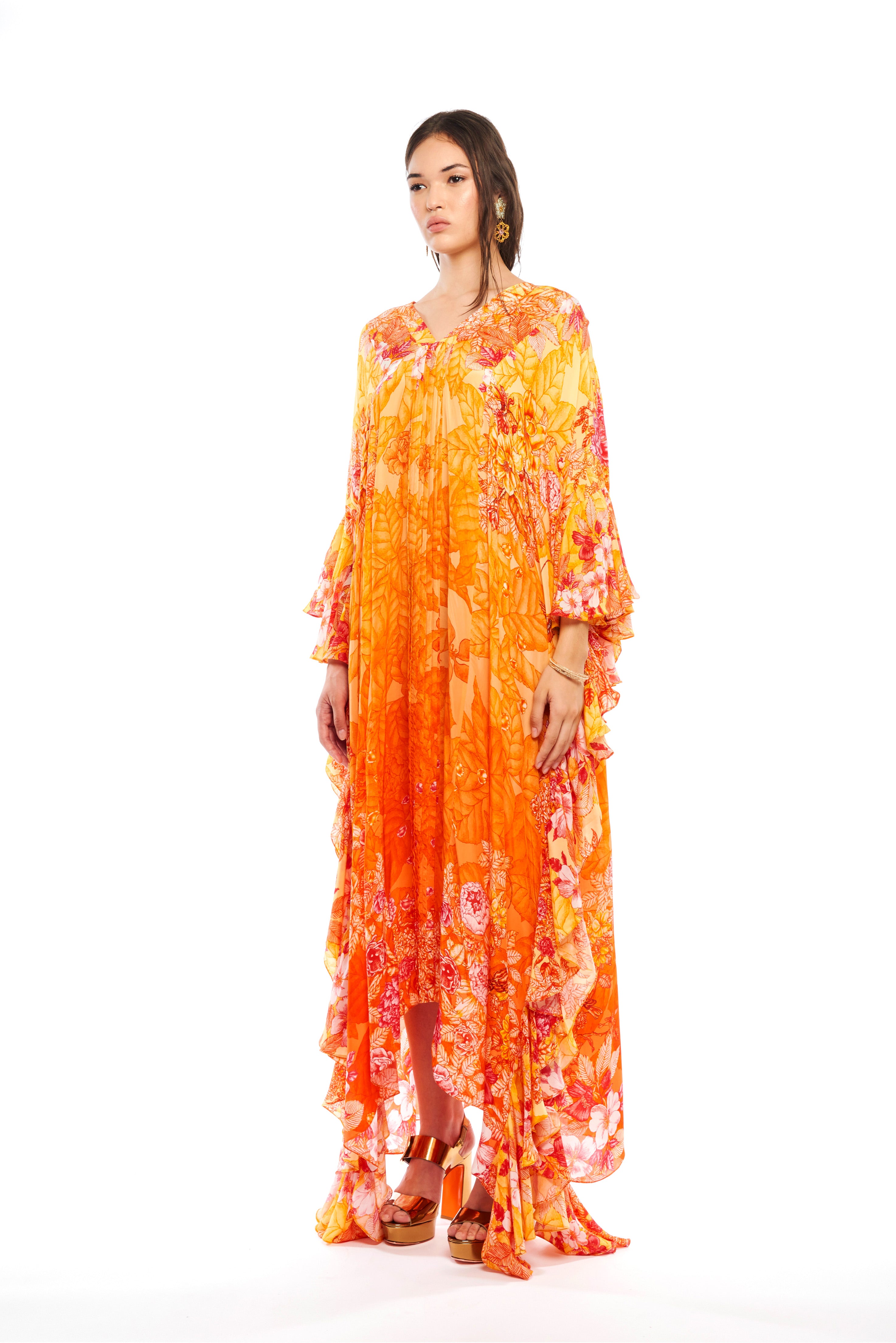 Long flounce kaftan in Garden Orange print, natural crepe