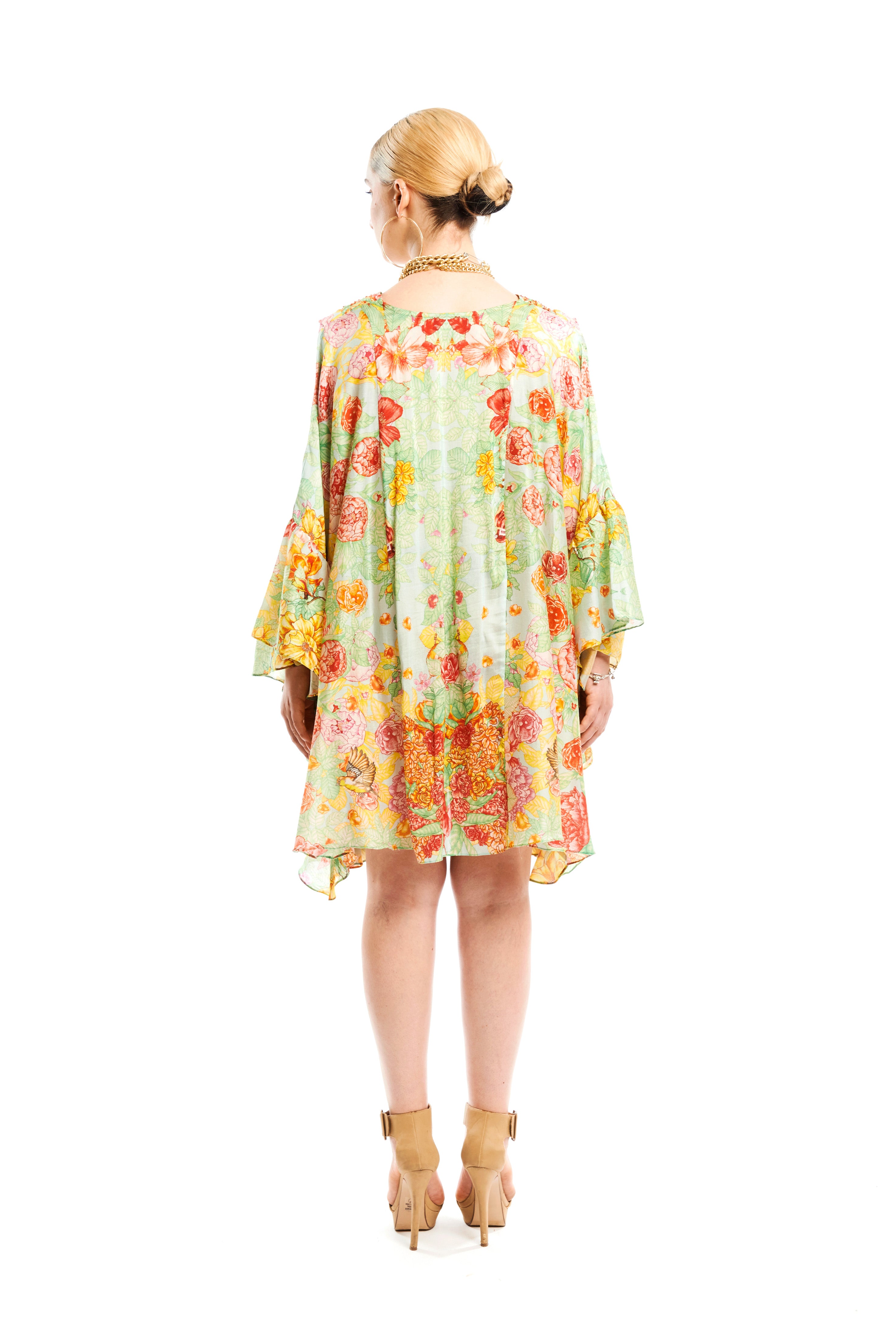 Short flounce kaftan in Garden Green print, Chandery