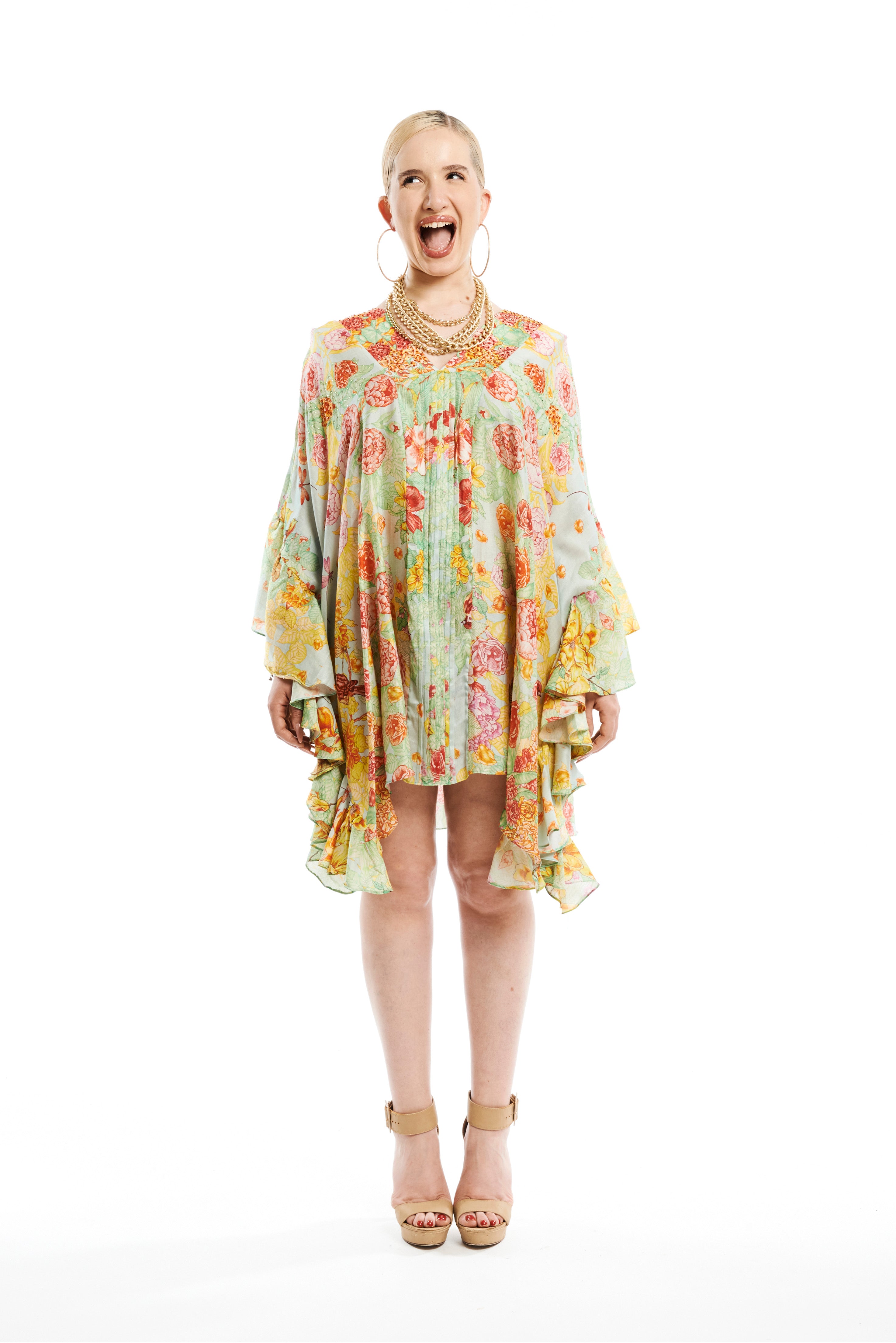 Short flounce kaftan in Garden Green print, Chandery