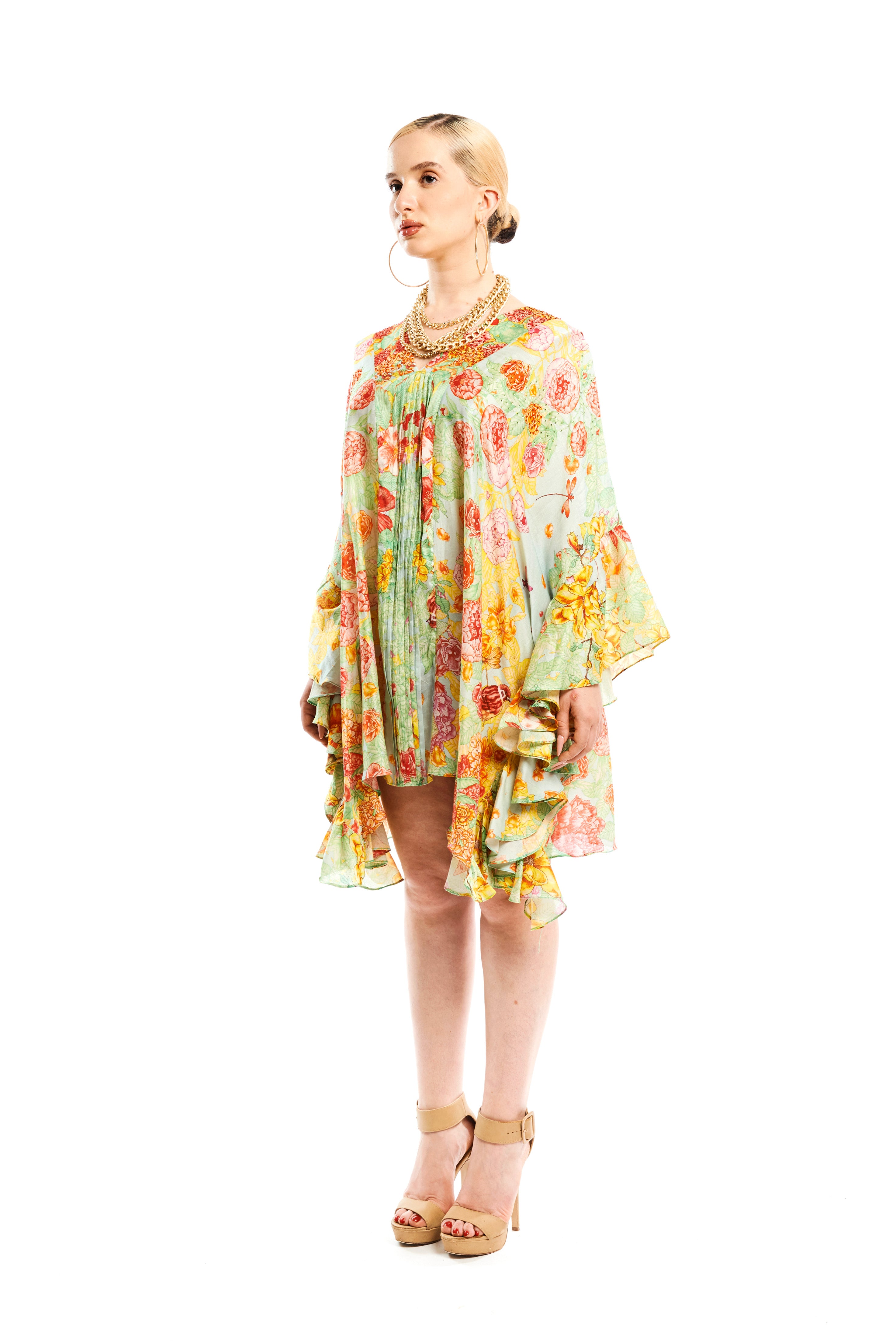Short flounce kaftan in Garden Green print, Chandery