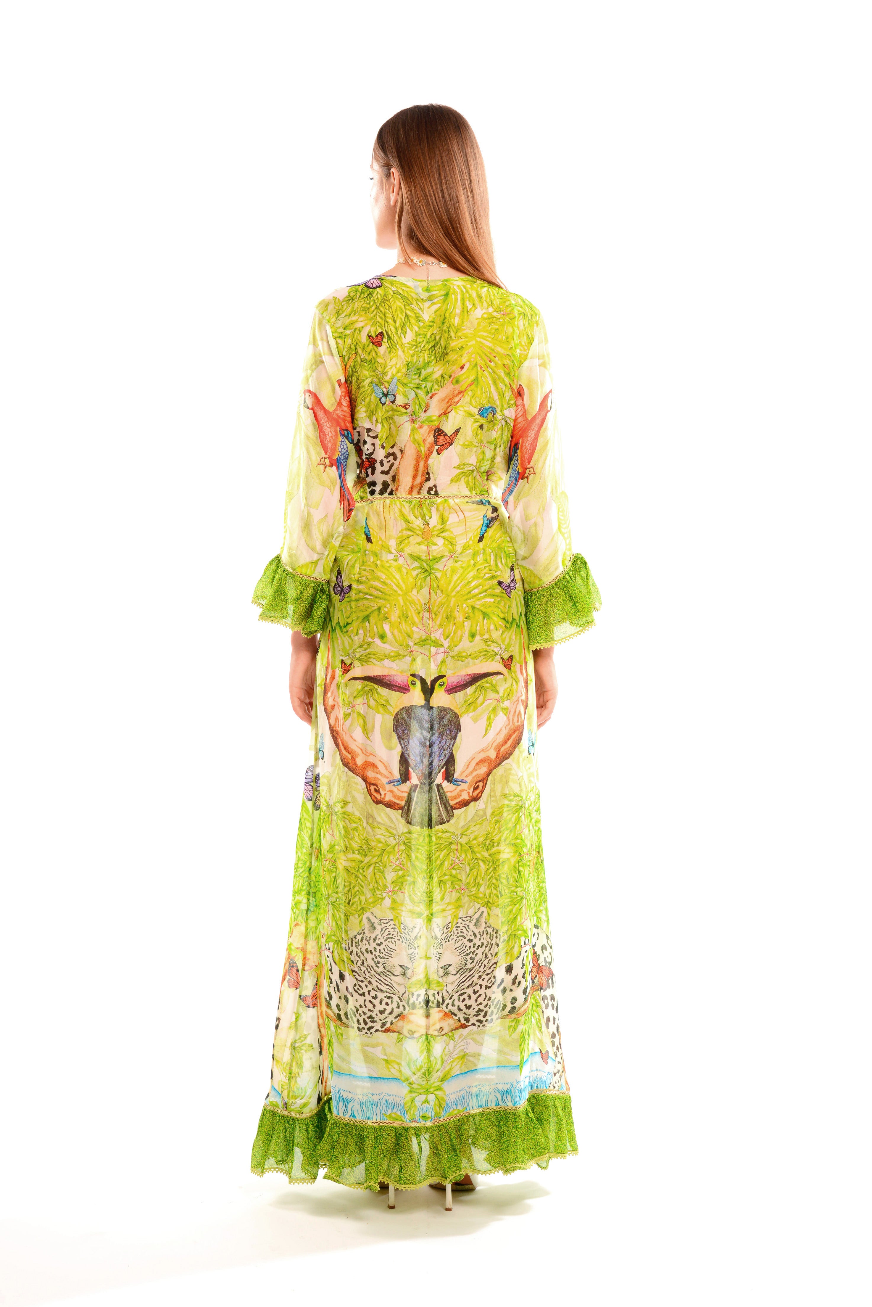 Long coverup with ruffle inserts in Jungle Day print, Taby silk