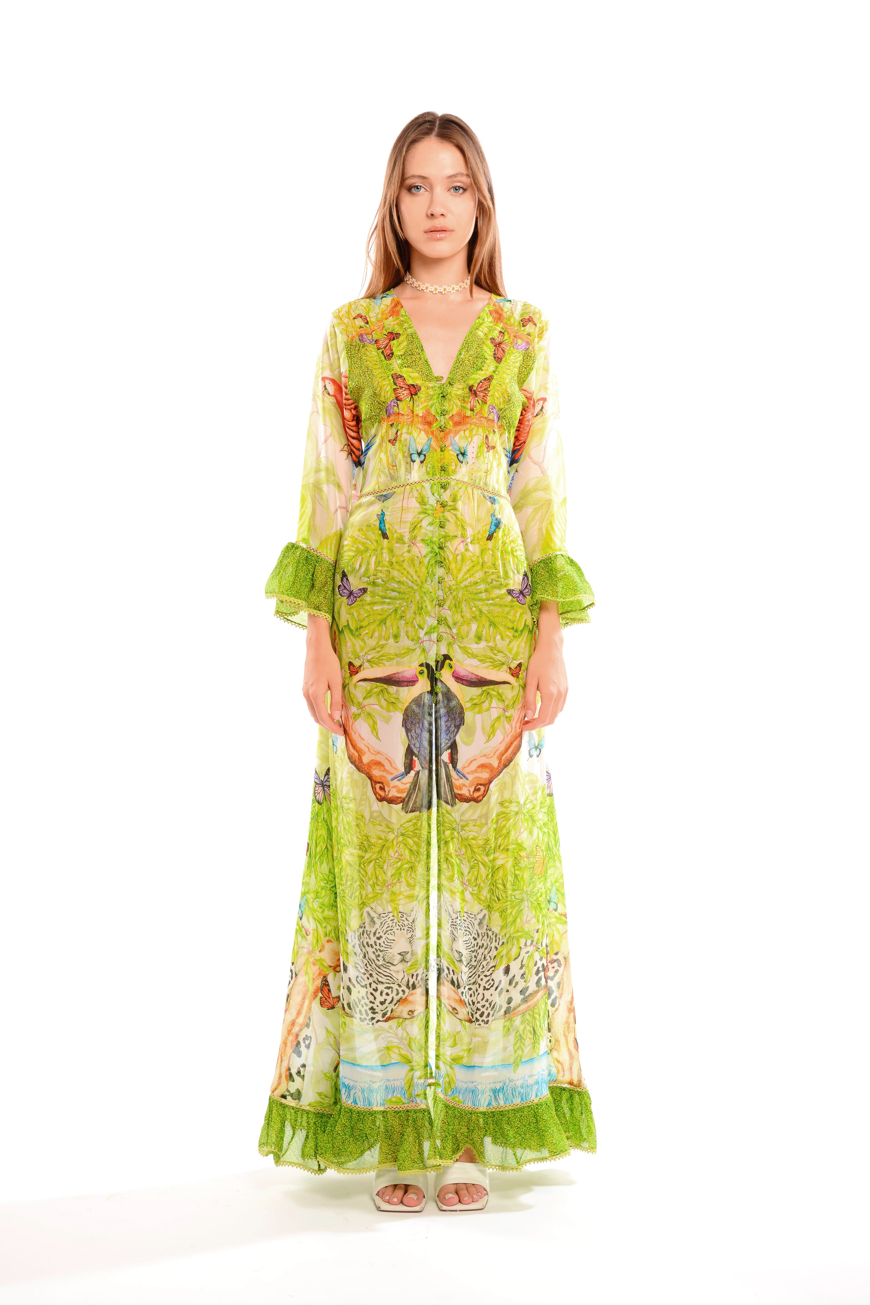 Long coverup with ruffle inserts in Jungle Day print, Taby silk