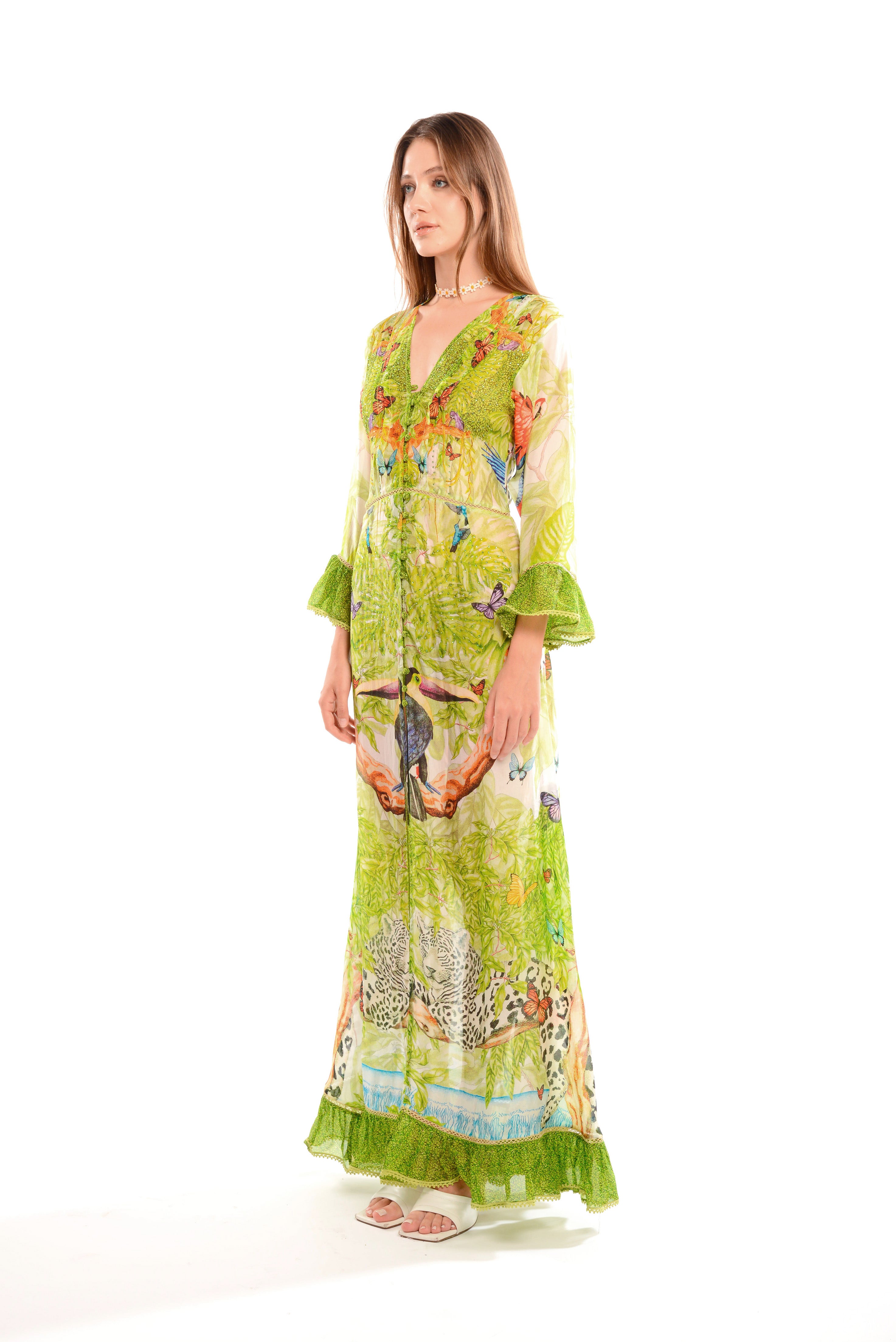 Long coverup with ruffle inserts in Jungle Day print, Taby silk