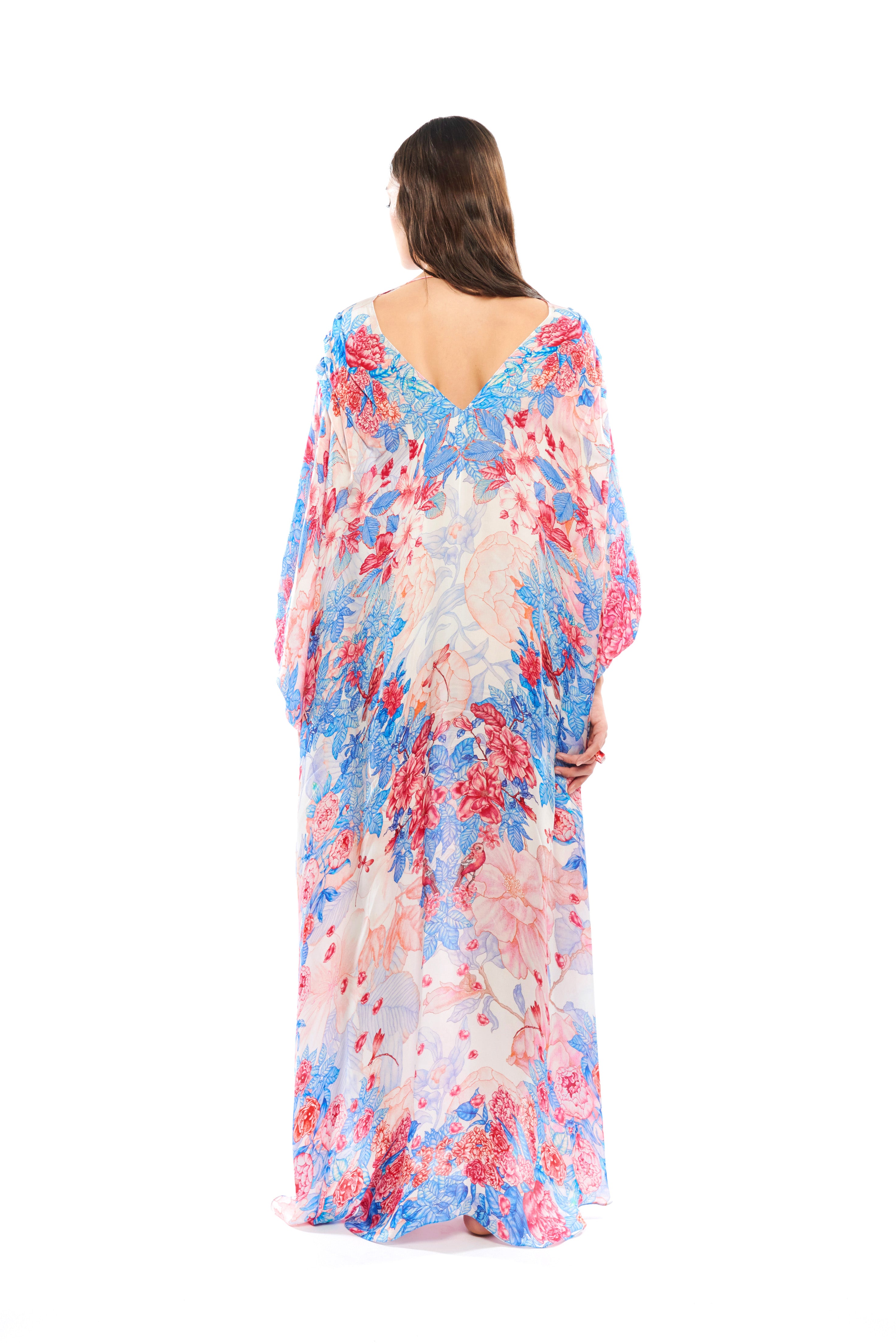 Long pleated flounce kaftan in Garden Blue print, Cherry satin