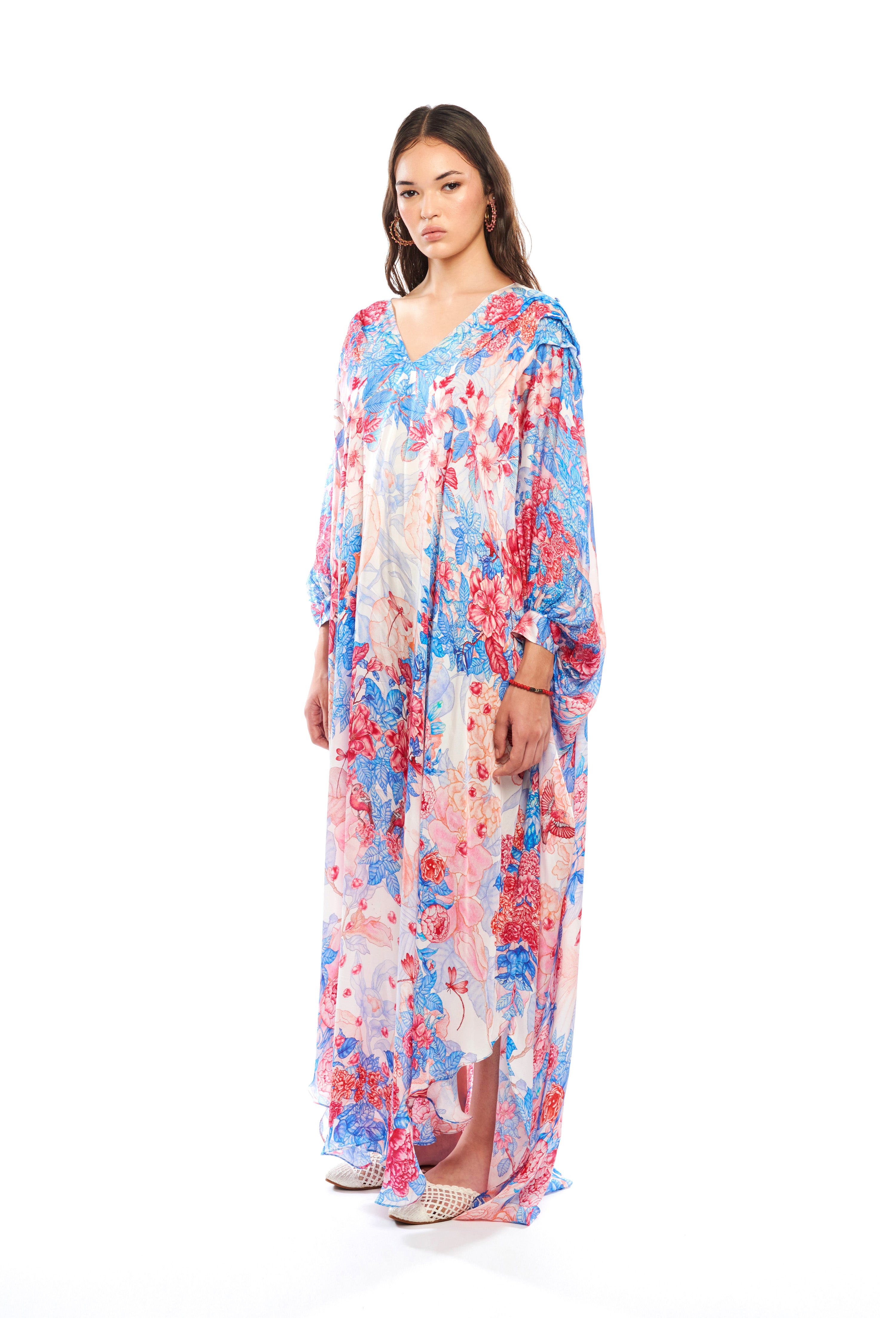 Long pleated flounce kaftan in Garden Blue print, Cherry satin