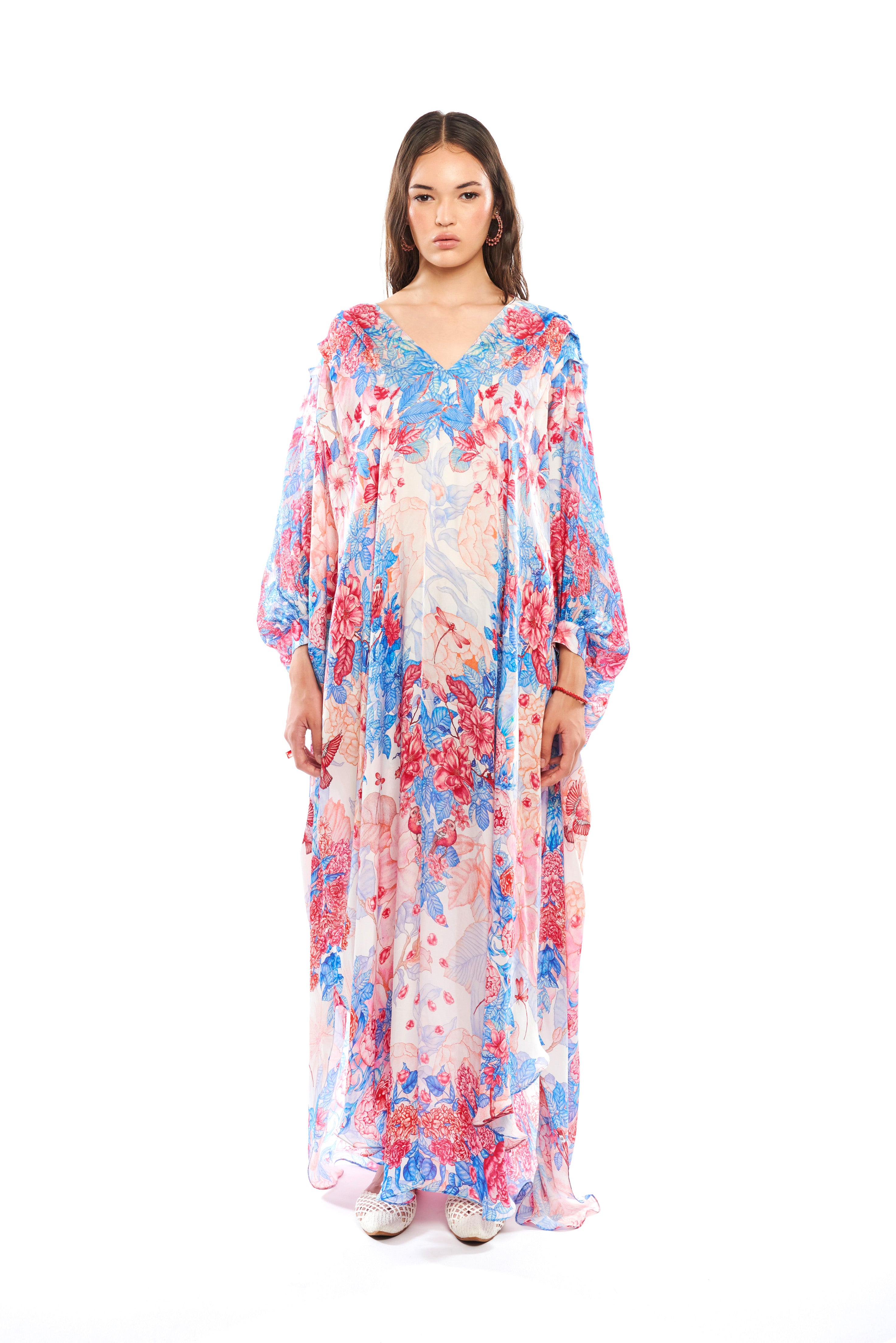 Long pleated flounce kaftan in Garden Blue print, Cherry satin