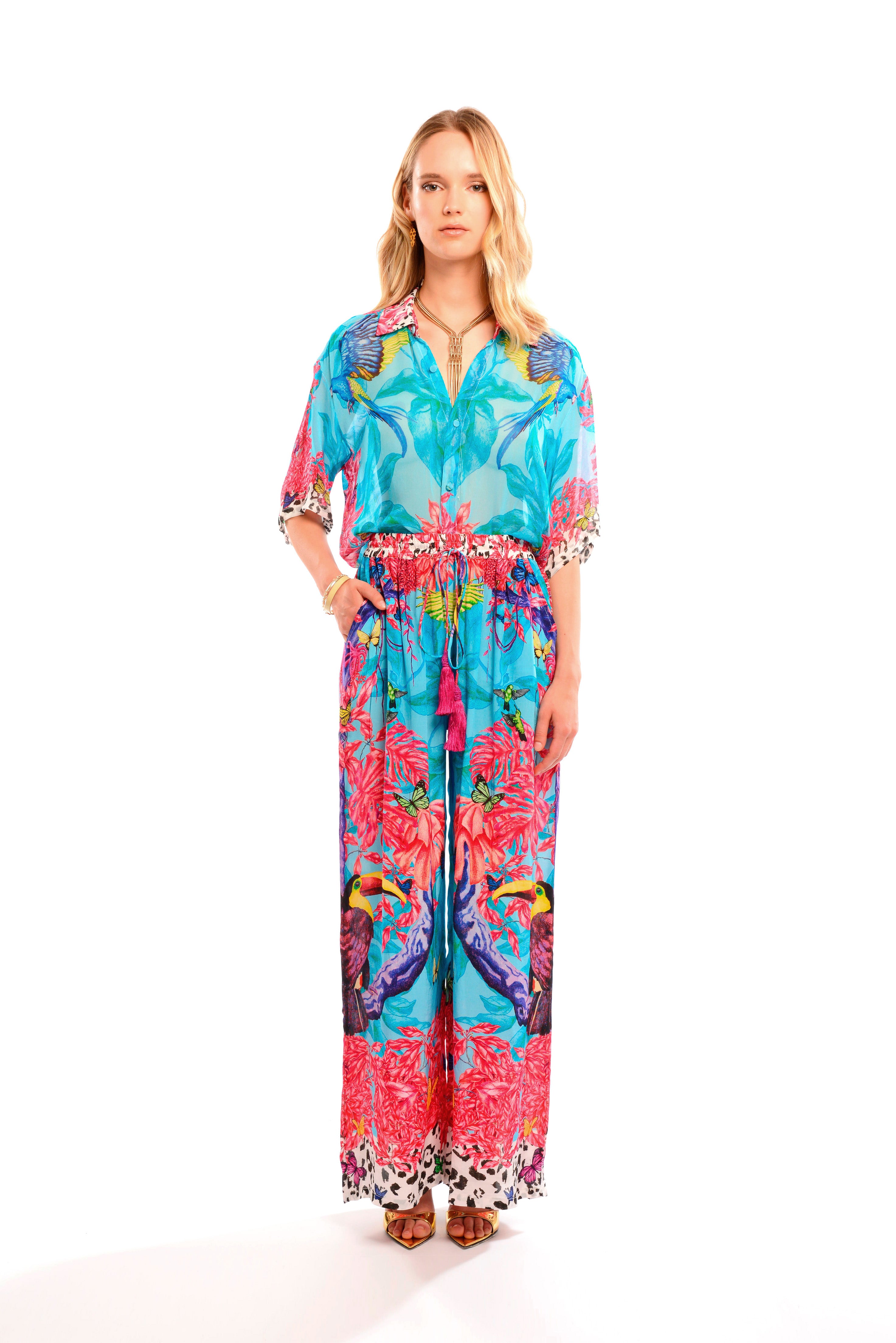 Half sleeve shirt in Jungle Pop print, georgette viscose