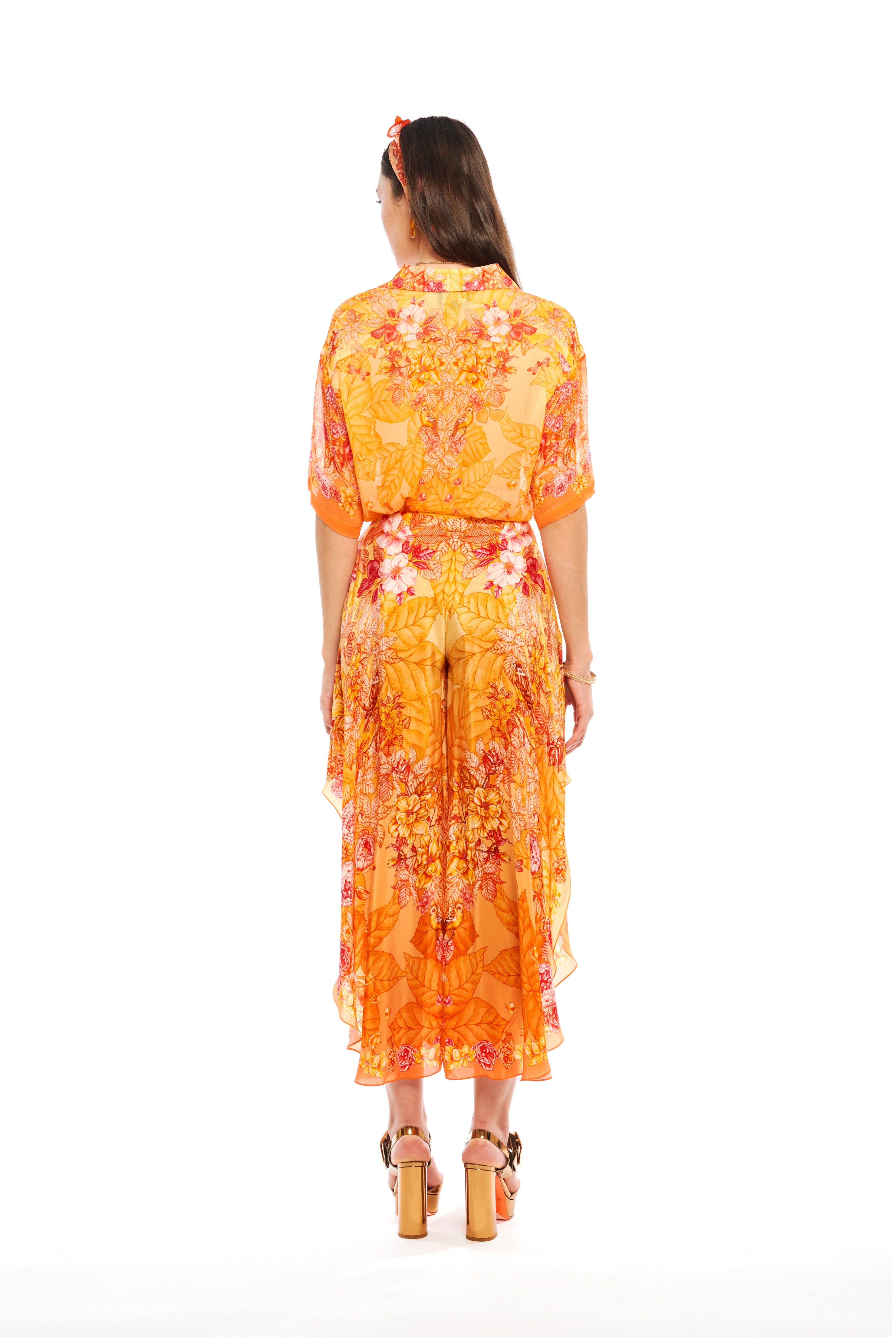 Half sleeve shirt in Garden Orange print, georgette viscose