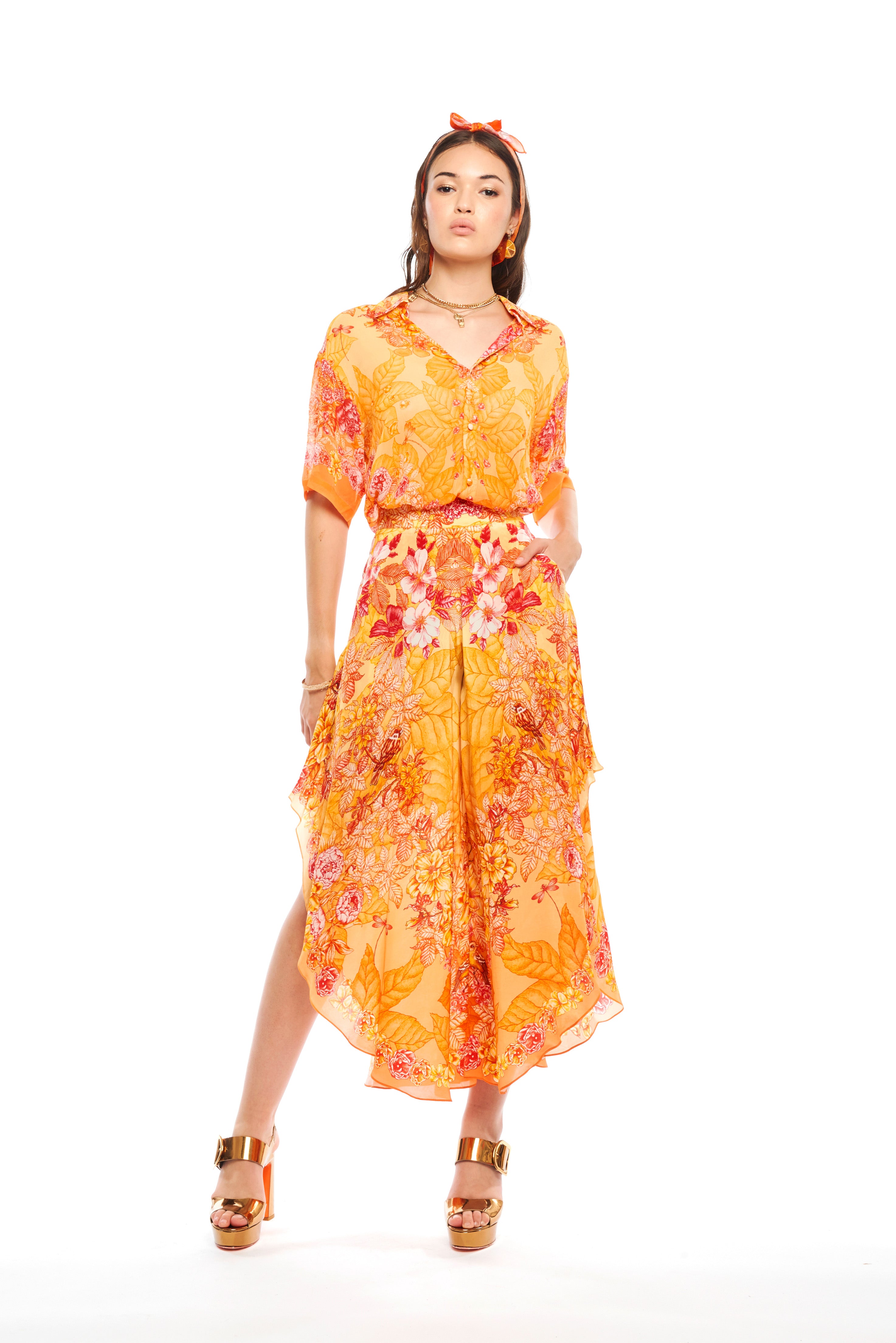 Half sleeve shirt in Garden Orange print, georgette viscose