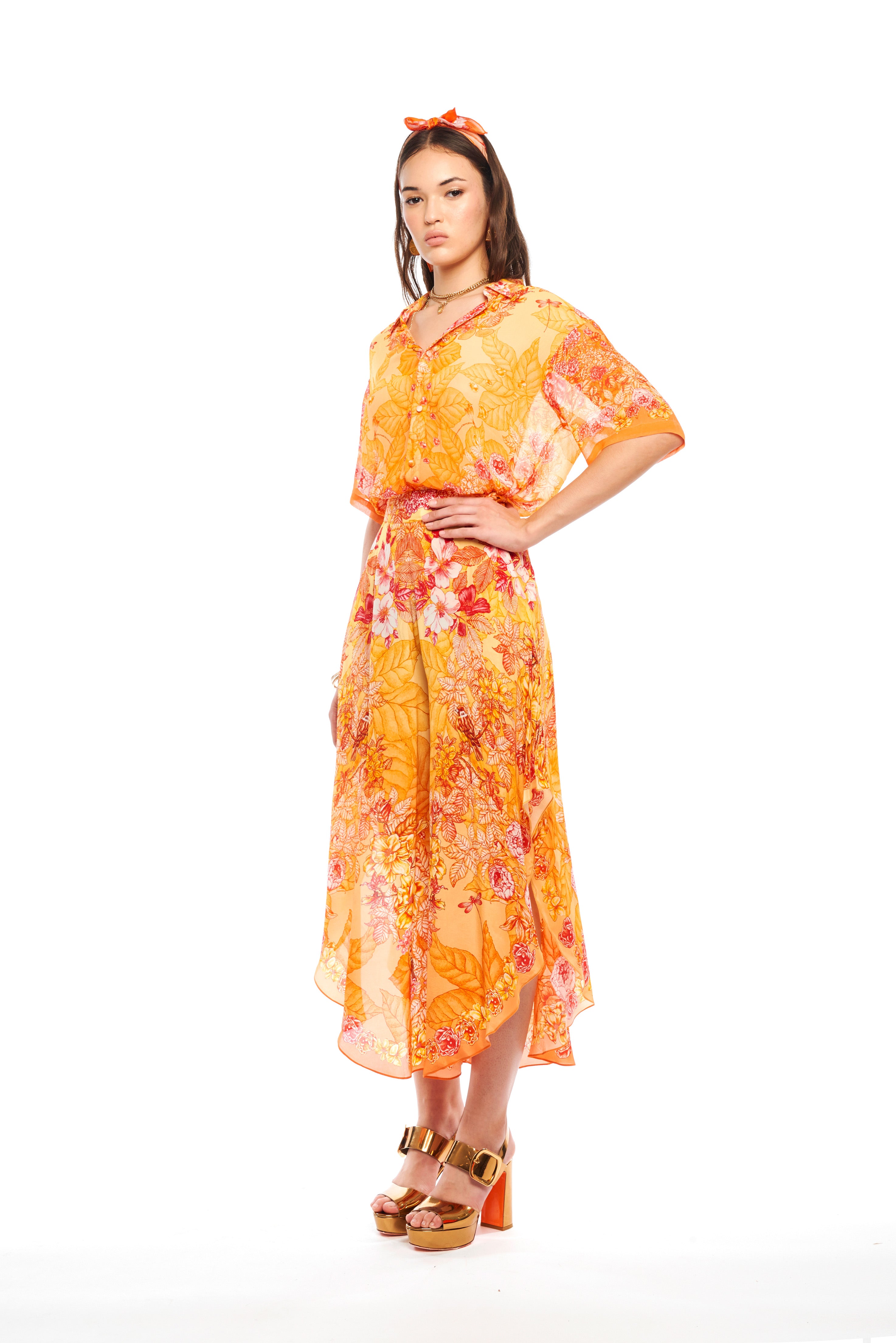Half sleeve shirt in Garden Orange print, georgette viscose