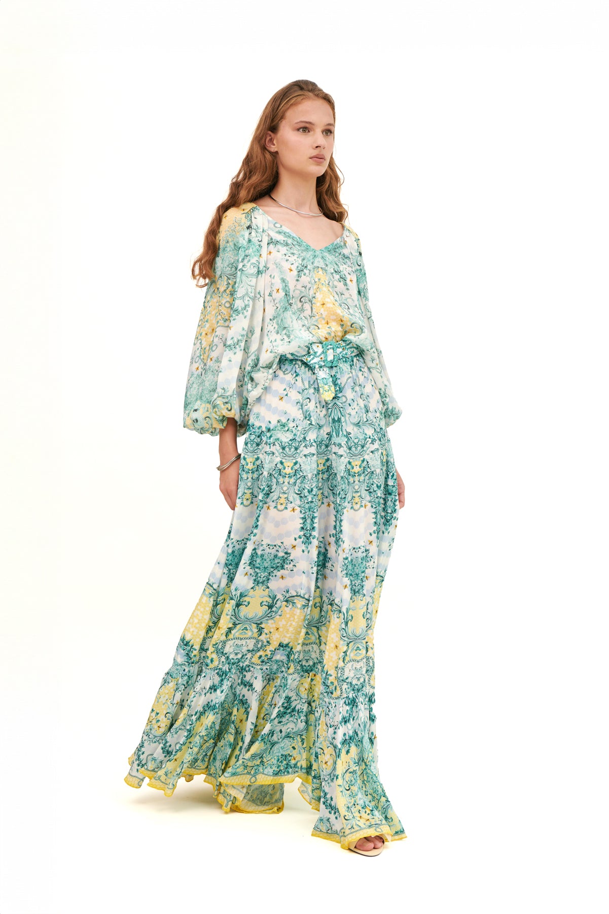 Long skirt with ruffled details.