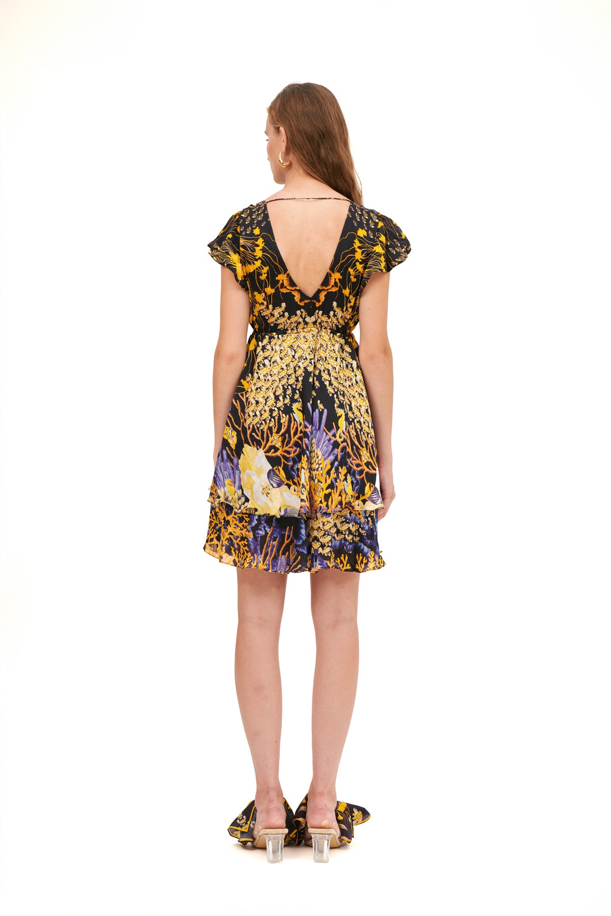 V - SHAPE SHORT DRESS WITH BELL SLEEVES