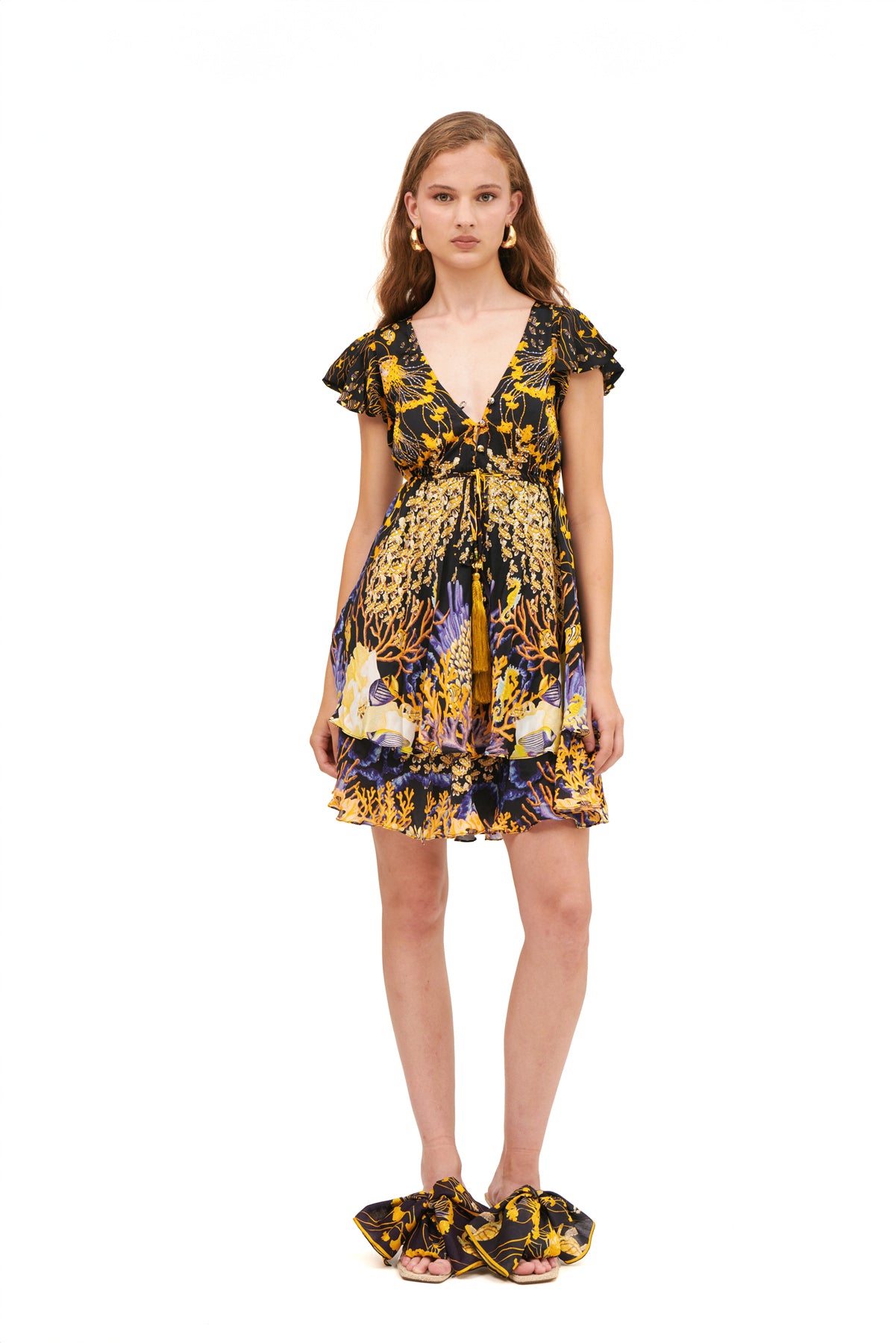 V - SHAPE SHORT DRESS WITH BELL SLEEVES