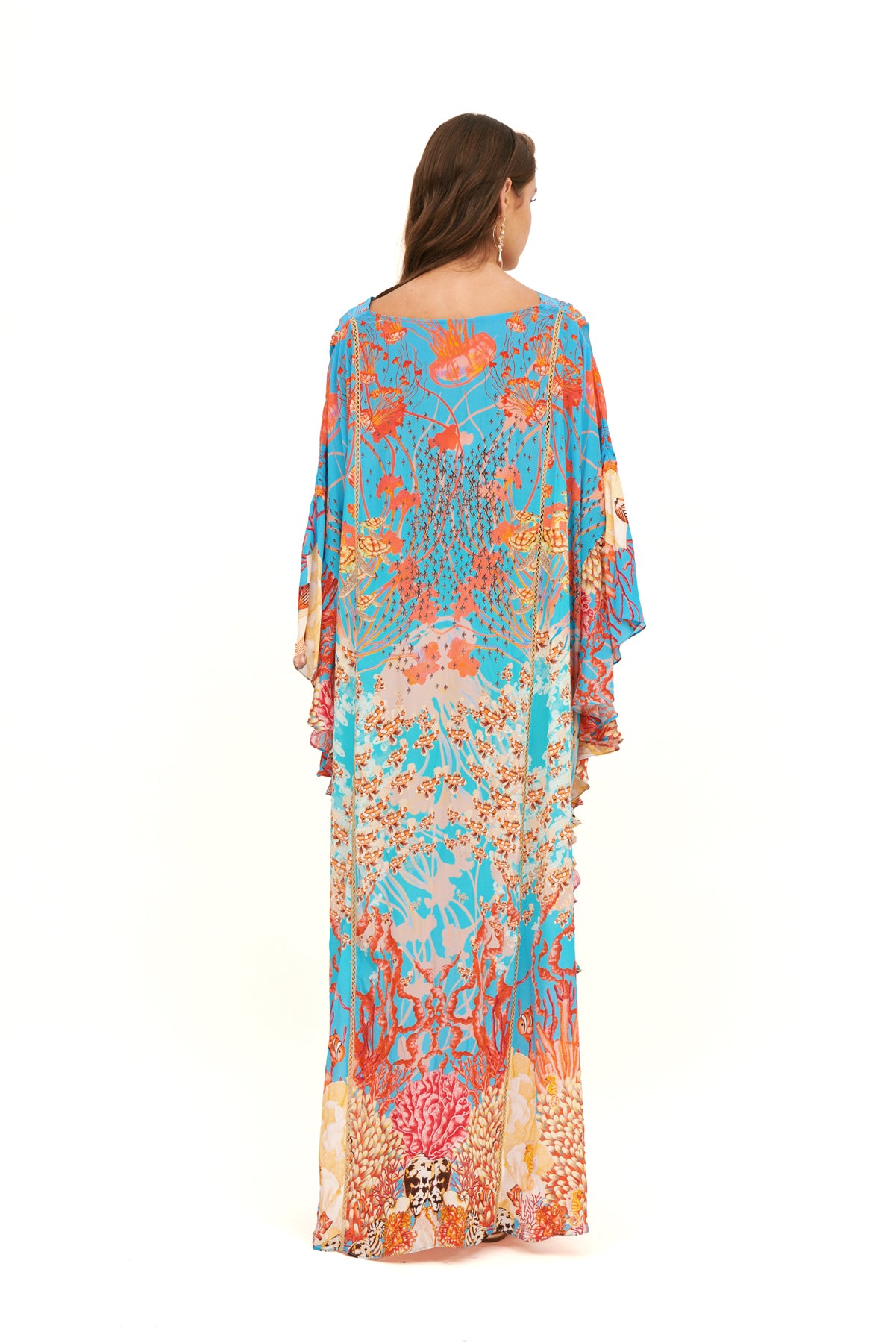 Long side flounce detail kaftan with a flowing silhouette, featuring elegant side flounces for a relaxed yet sophisticated look.