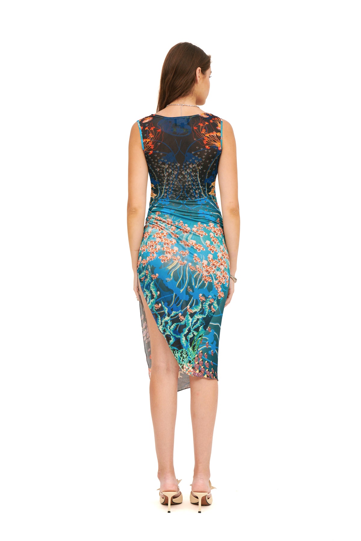 Long draped dress with a cowl neck, featuring a flowing silhouette for an elegant and relaxed fit
