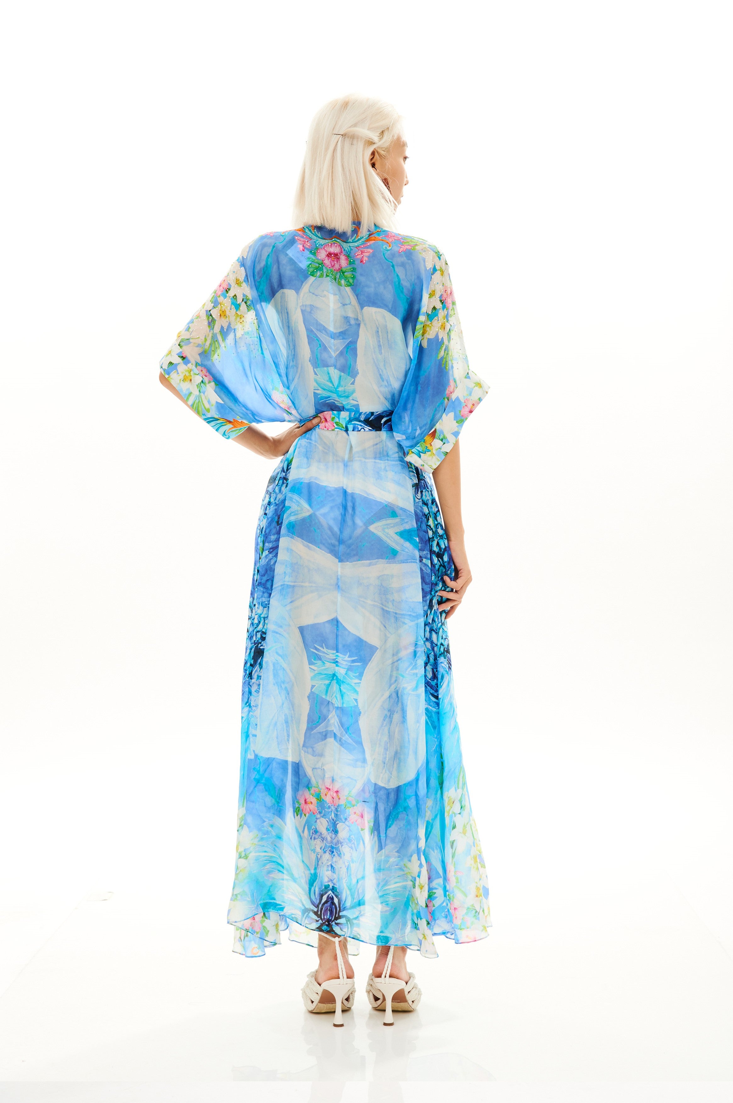 Shorter kimono cover-up in Linen Satin with "Monogram Tropical Sunrise" print.