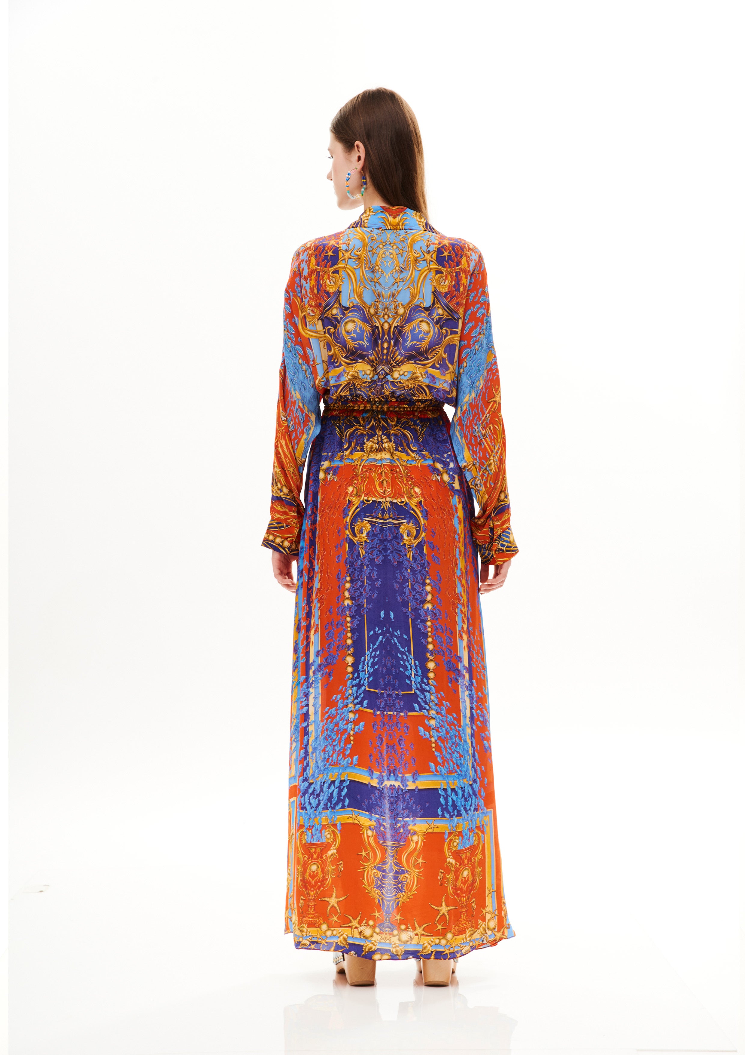 Long ruffle chemisier in Natural Crepe with "Poseidon Dream Sunset" print.