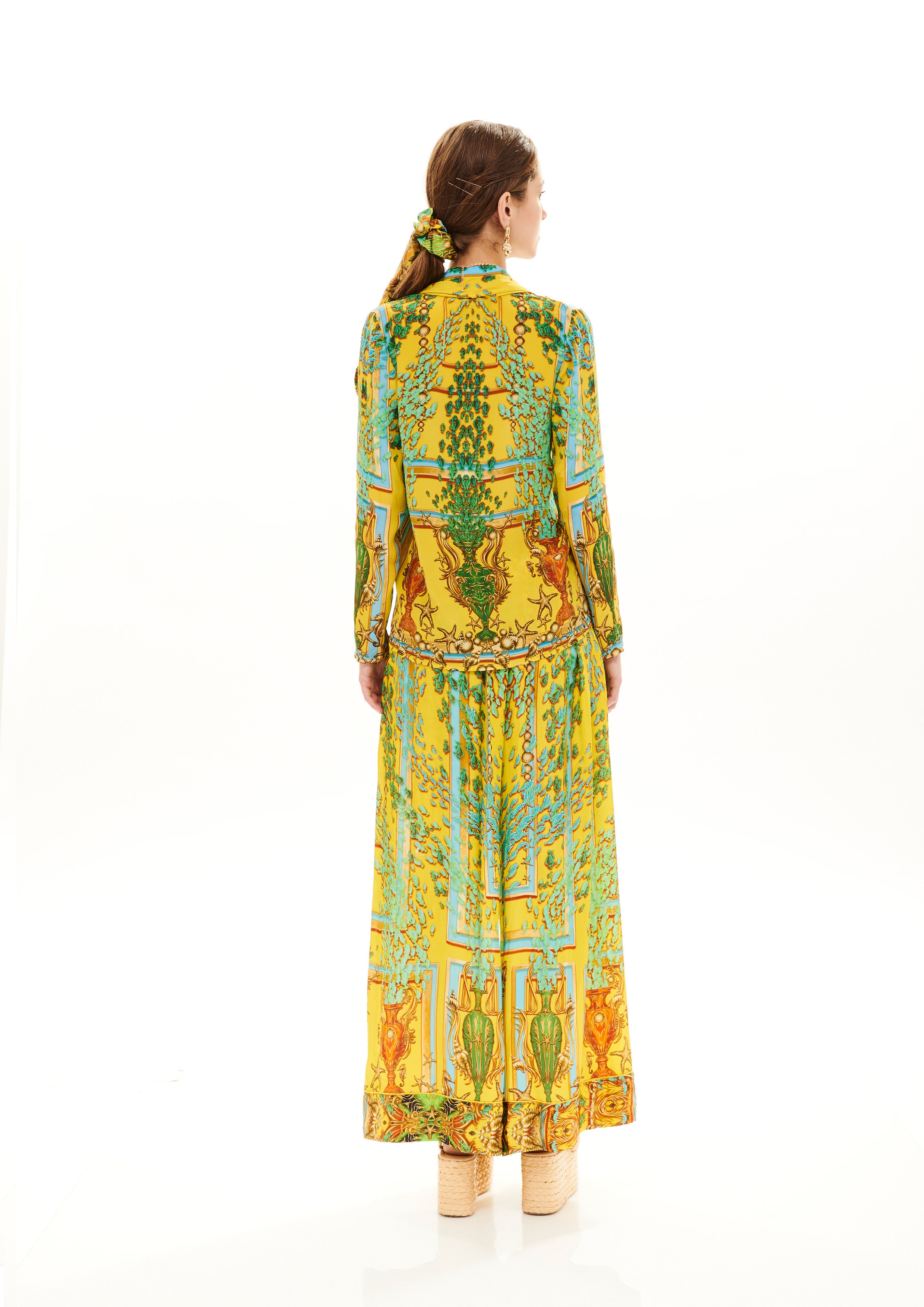 Scarf full sleeves top in Natural Crepe with "Poseidon Dream Sunrise" print.