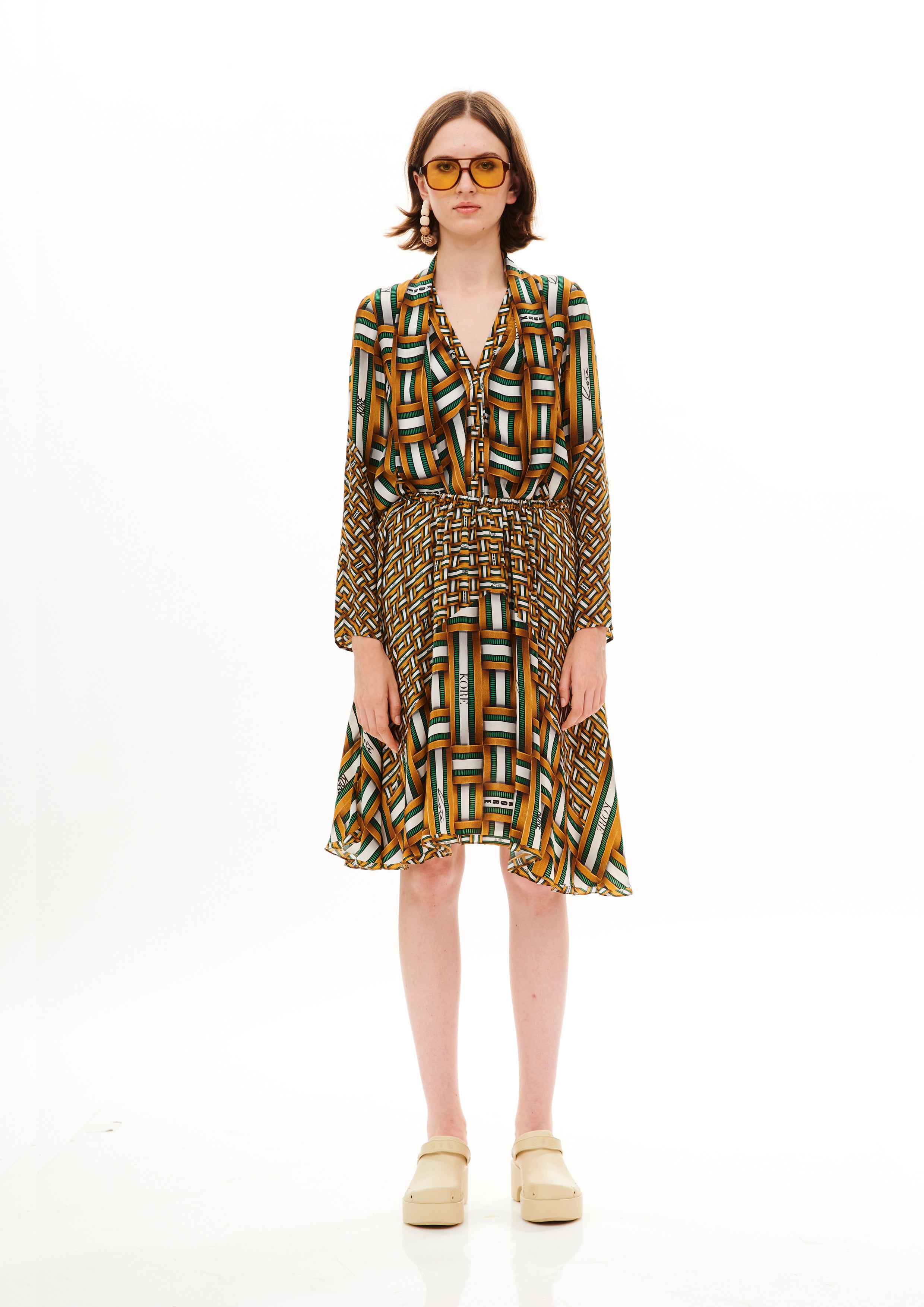 Scarf full sleeves top in Natural Crepe with "Monogram Breeze Garden" print.