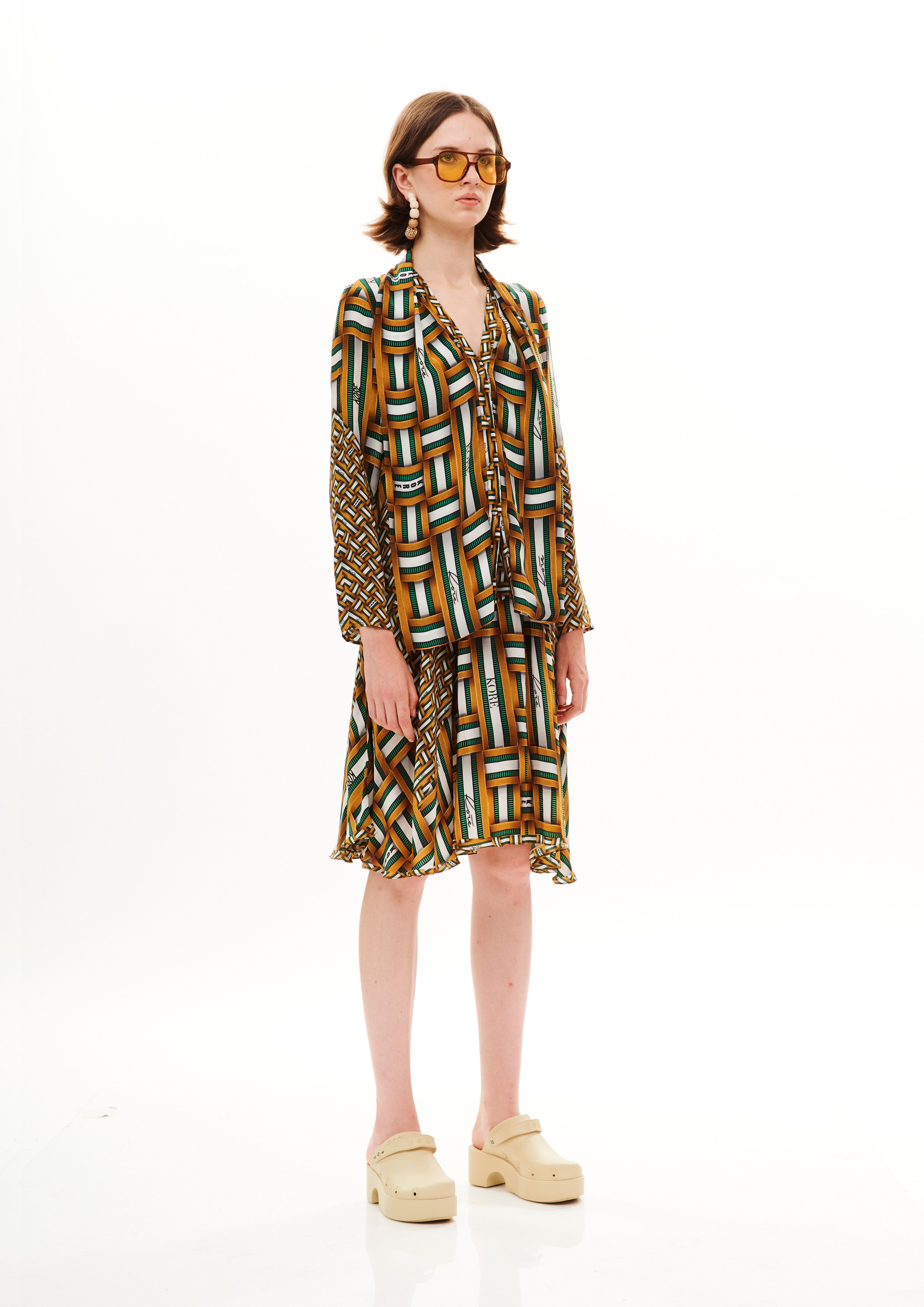 Scarf full sleeves top in Natural Crepe with "Monogram Breeze Garden" print.