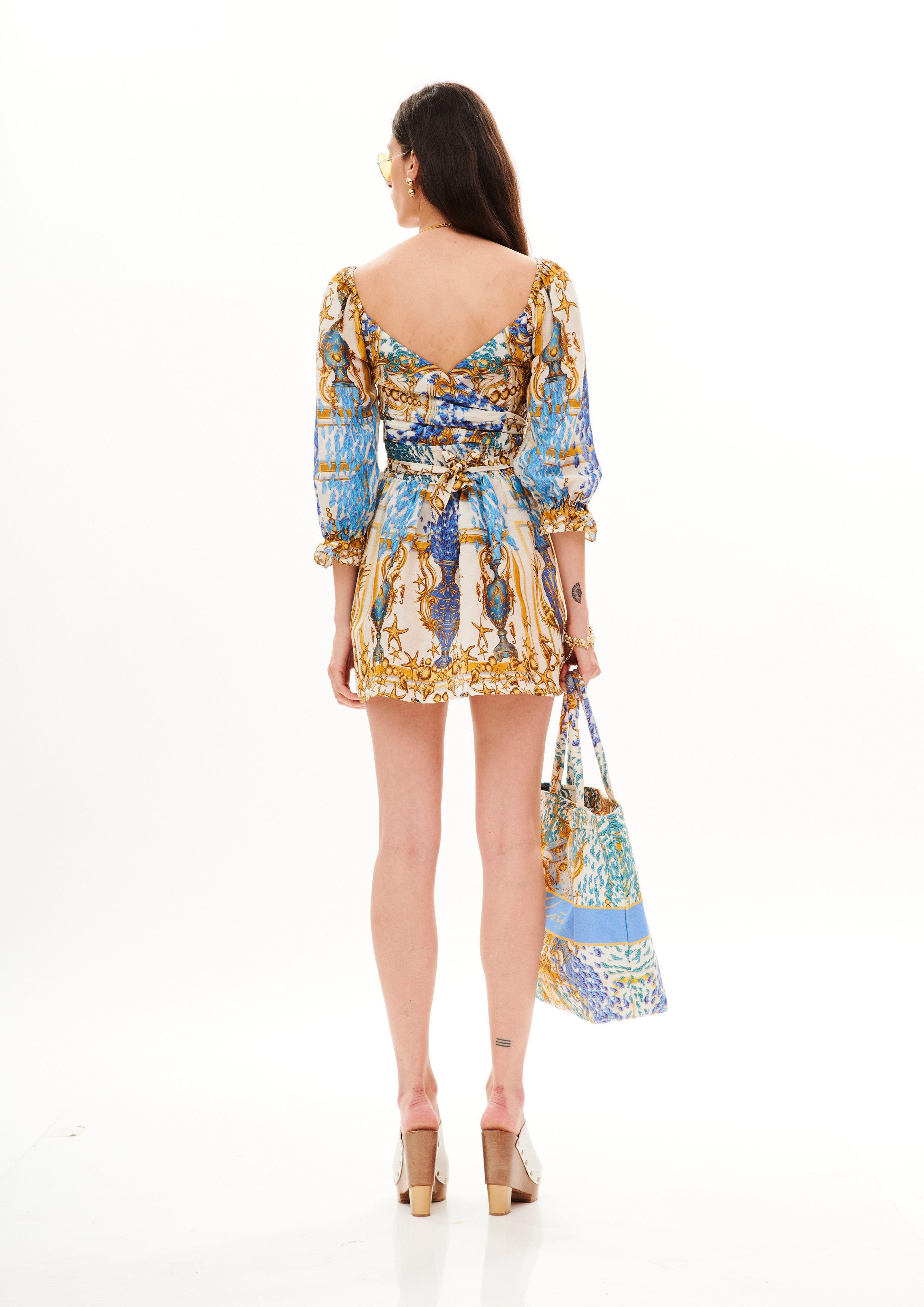 Mini dress with back bow details in Linen Silk with "Poseidon Dream Day" print.