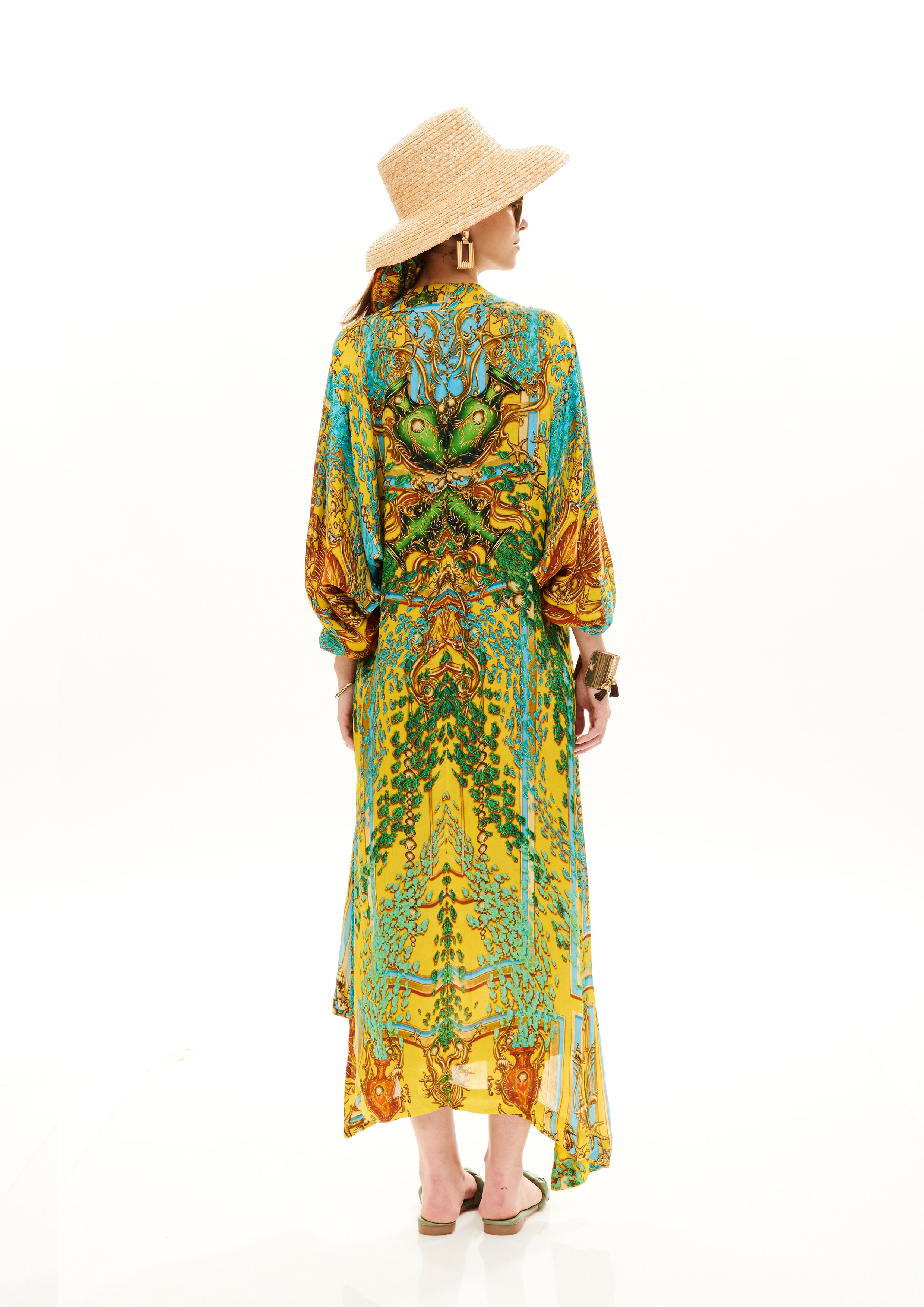 Wrap-around robe dress in Georgette Crepe Satin with "Poseidon Dream Sunrise" print.