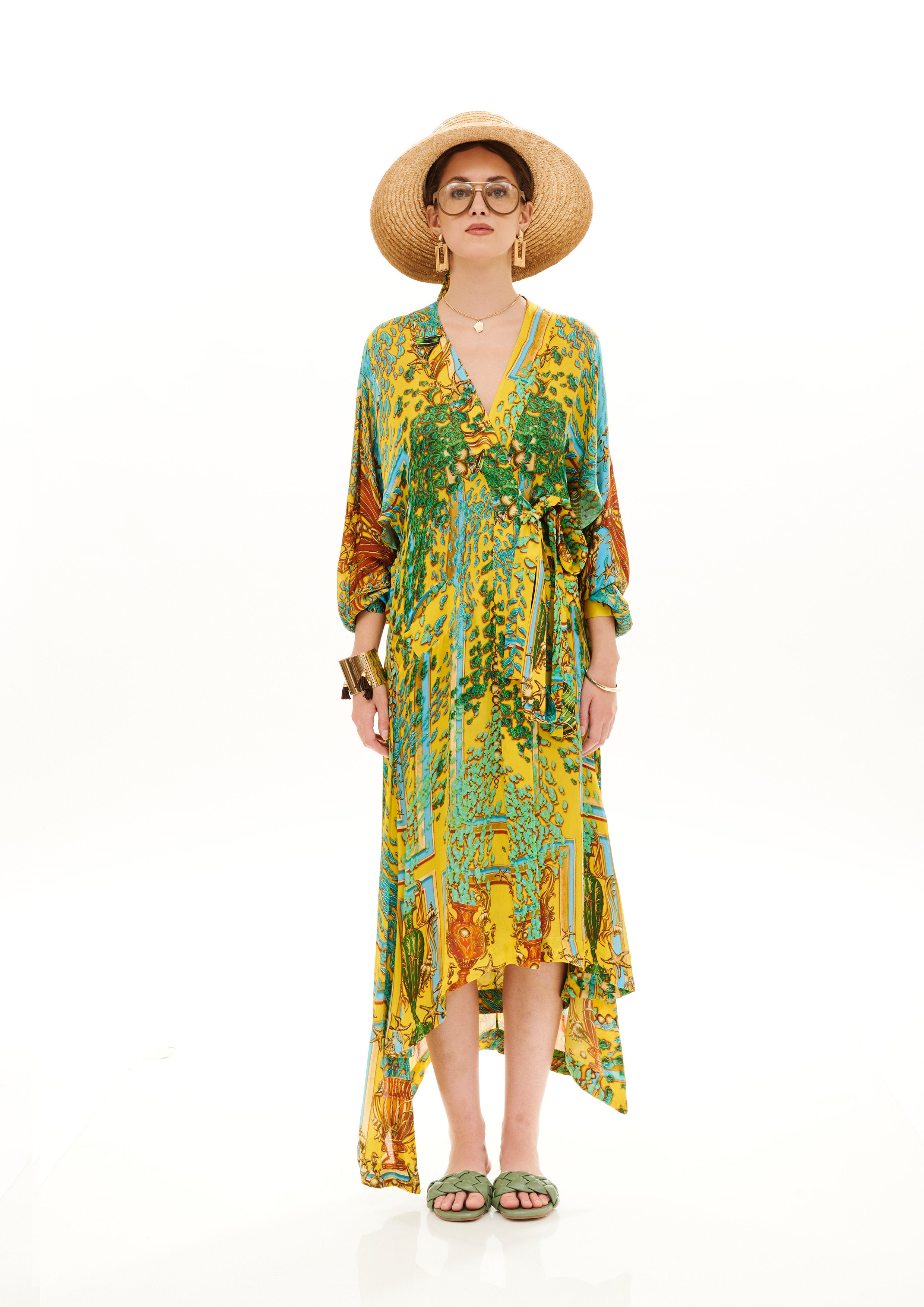Wrap-around robe dress in Georgette Crepe Satin with "Poseidon Dream Sunrise" print.