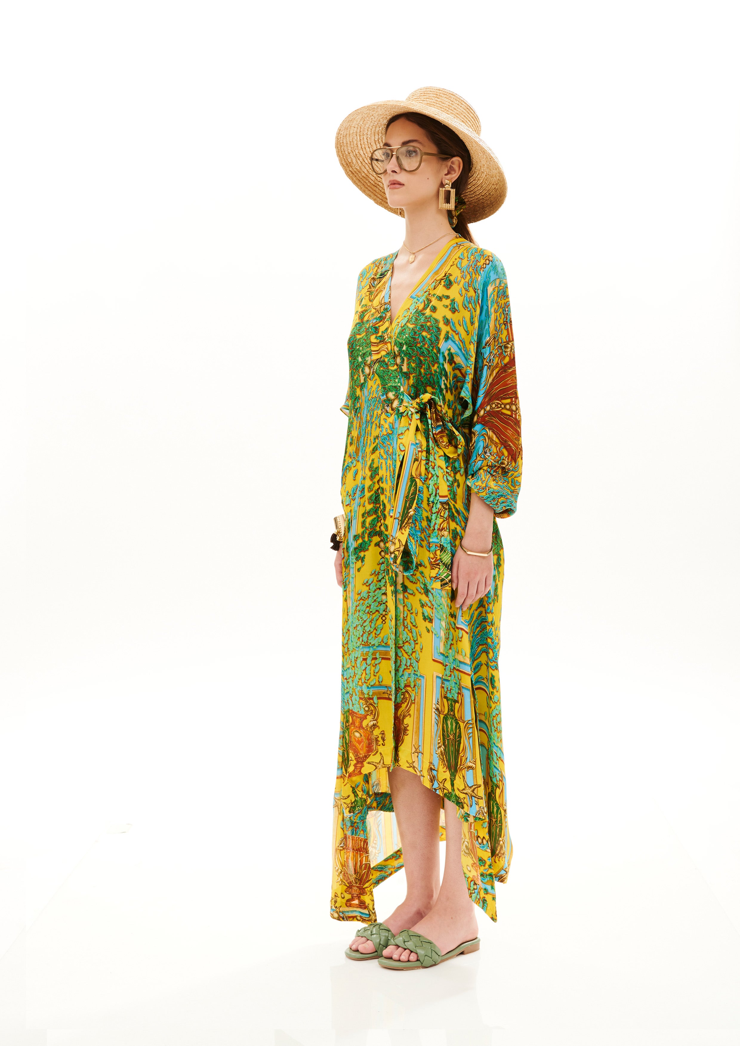 Wrap-around robe dress in Georgette Crepe Satin with "Poseidon Dream Sunrise" print.